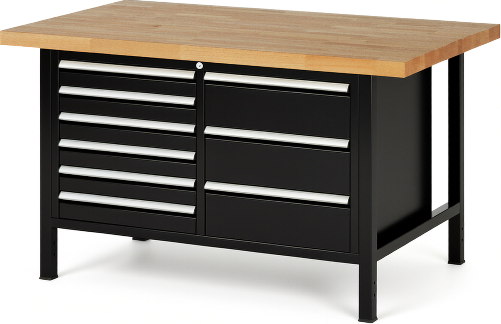 RAU Werkbank schwarz - Breite 150 cm - Tiefe 90 cm - Höhe 104 cm - Buche-Massiv Arbeitsplatte 40 mm