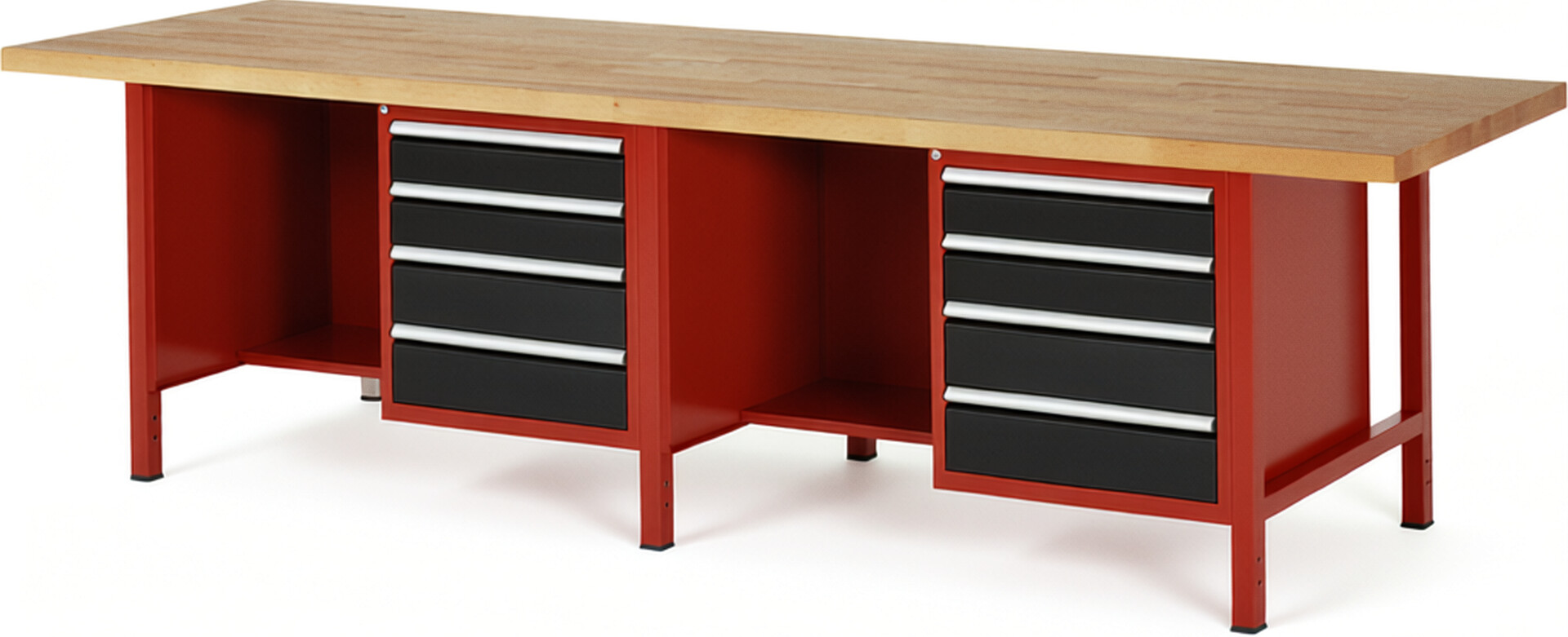 Werkbank Modell 8453 rot - schwarz, BxTxH 3000x900x840 mm,  Buche-Massiv Arbeitsplatte 40 mm,  8 Schubladen mit  Vollauszug 100 % und  SoftClosing