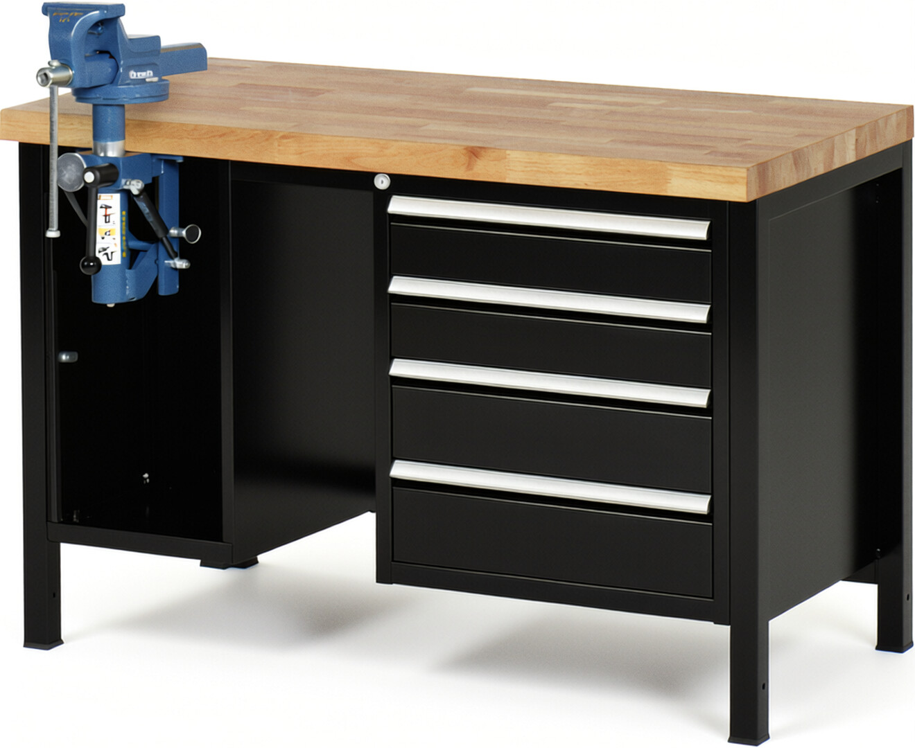 RAU Werkbank schwarz - Breite 125 cm - Tiefe 70 cm - Höhe 104 cm - Buche-Massiv Arbeitsplatte 40 mm