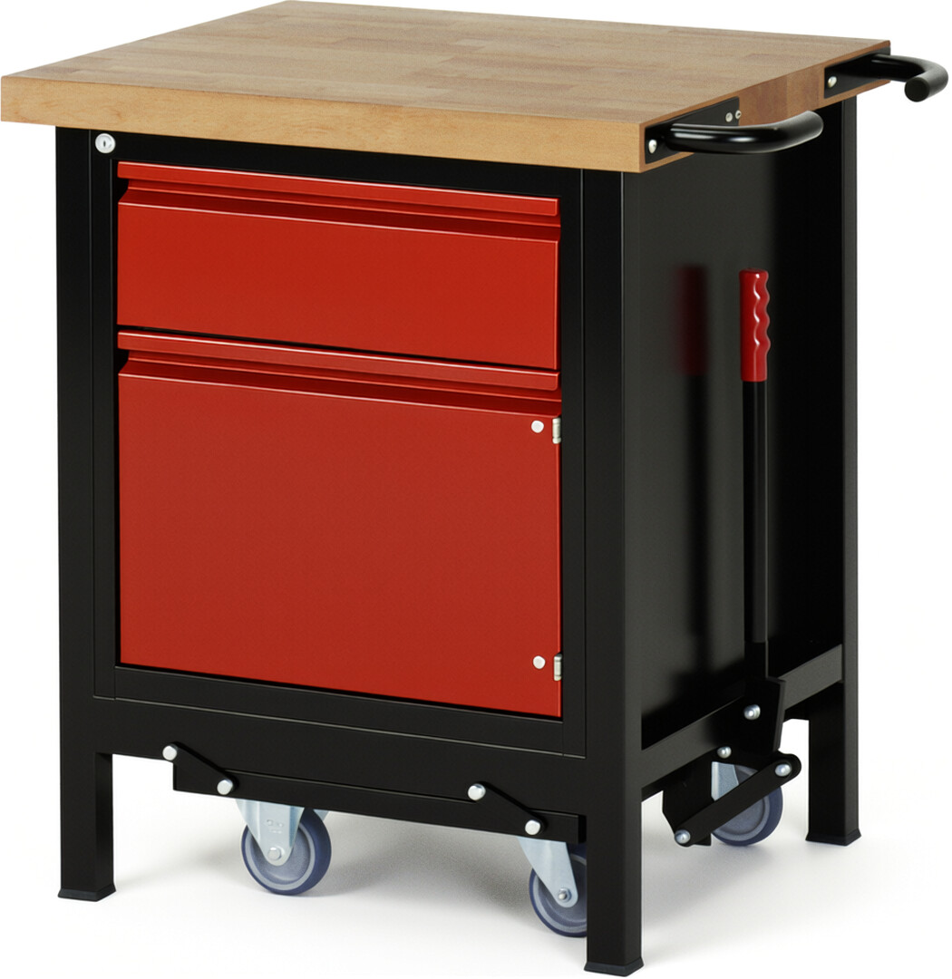 RAU Werkbank schwarz - rot - Breite 75 cm - Tiefe 70 cm - Höhe 88 cm - Buche-Massiv Arbeitsplatte 40 mm