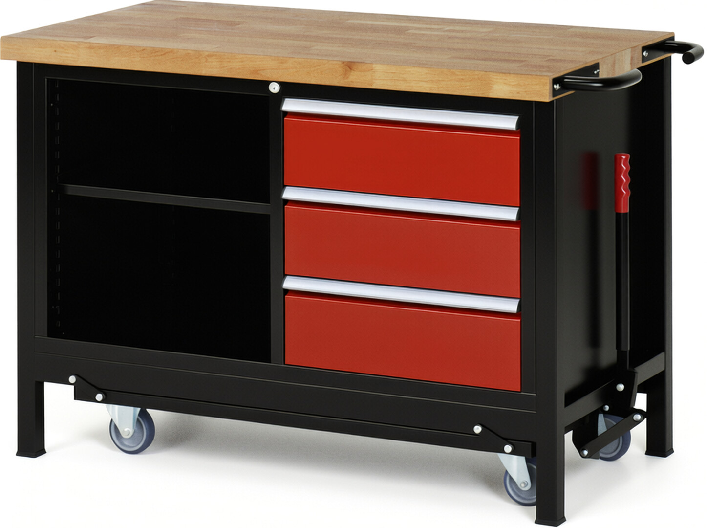 RAU Werkbank schwarz - rot - Breite 125 cm - Tiefe 70 cm - Höhe 88 cm - Buche-Massiv Arbeitsplatte 40 mm