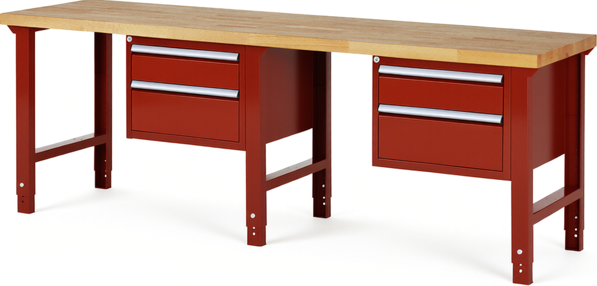 Werkbank Modell 7123 rot, BxTxH 2500x700x790-1140 mm,  Buche-Massiv Arbeitsplatte 40 mm,  4 Schubladen mit  Vollauszug 100 % und  SoftClosing