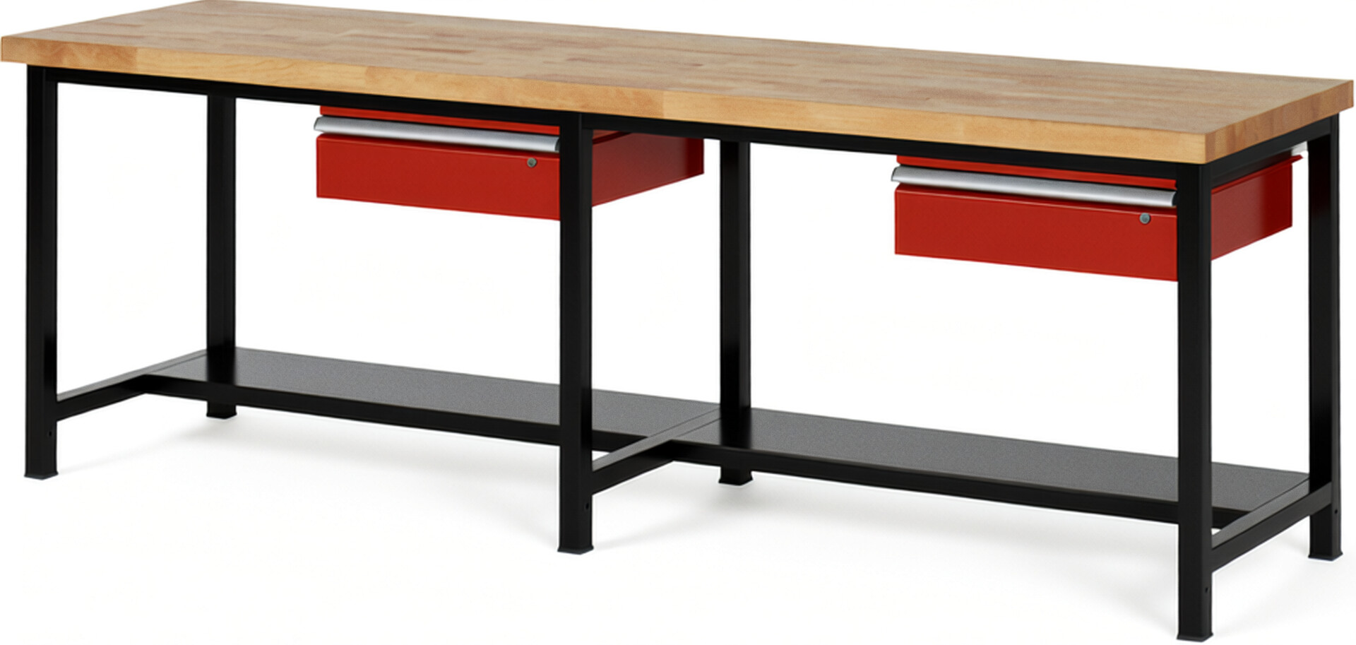 RAU Werkbank schwarz - rot - Breite 250 cm - Tiefe 90 cm - Höhe 104 cm - Buche-Massiv Arbeitsplatte 40 mm