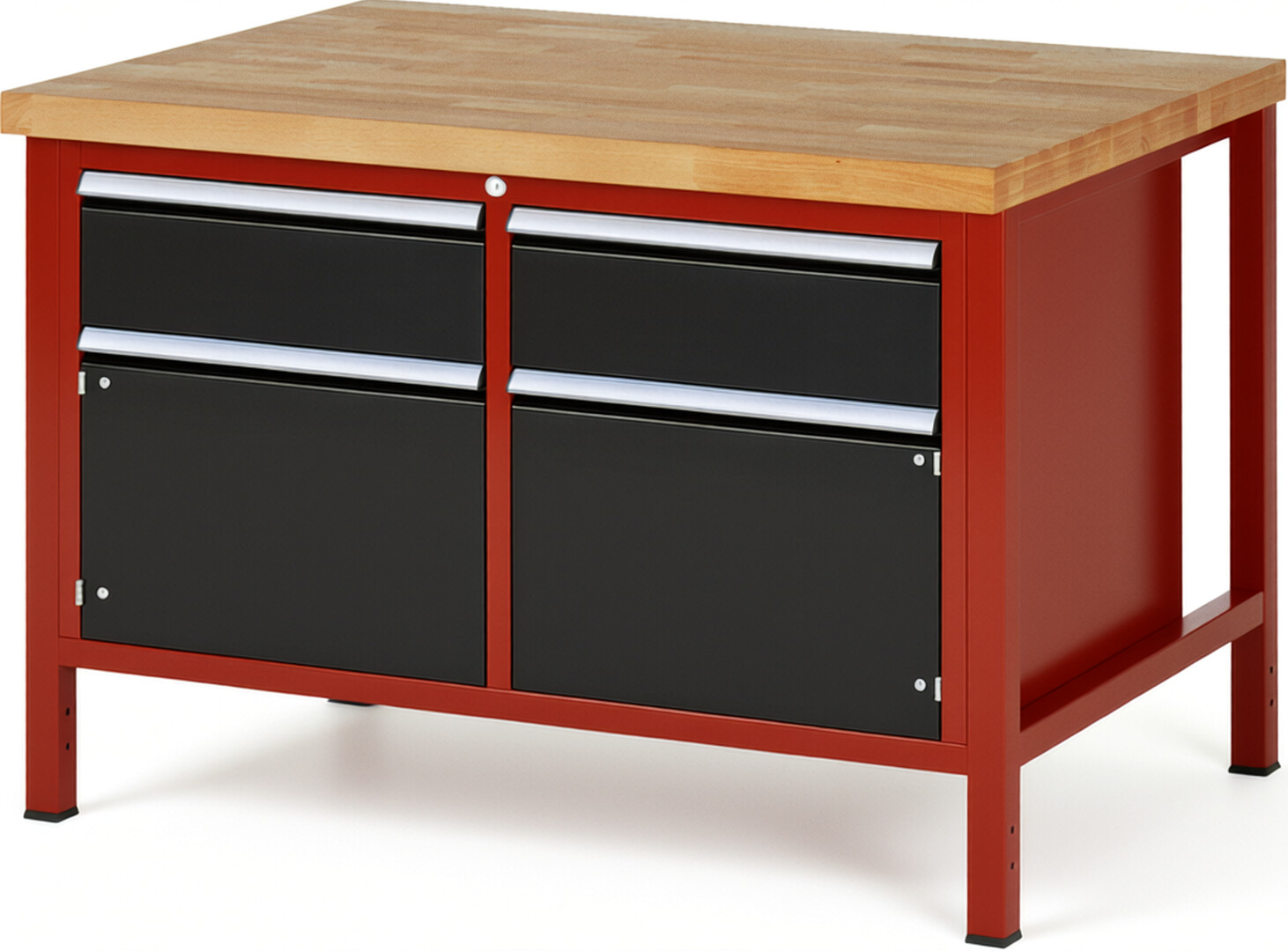 RAU Werkbank rot - schwarz - Breite 125 cm - Tiefe 90 cm - Höhe 104 cm - Buche-Massiv Arbeitsplatte 40 mm