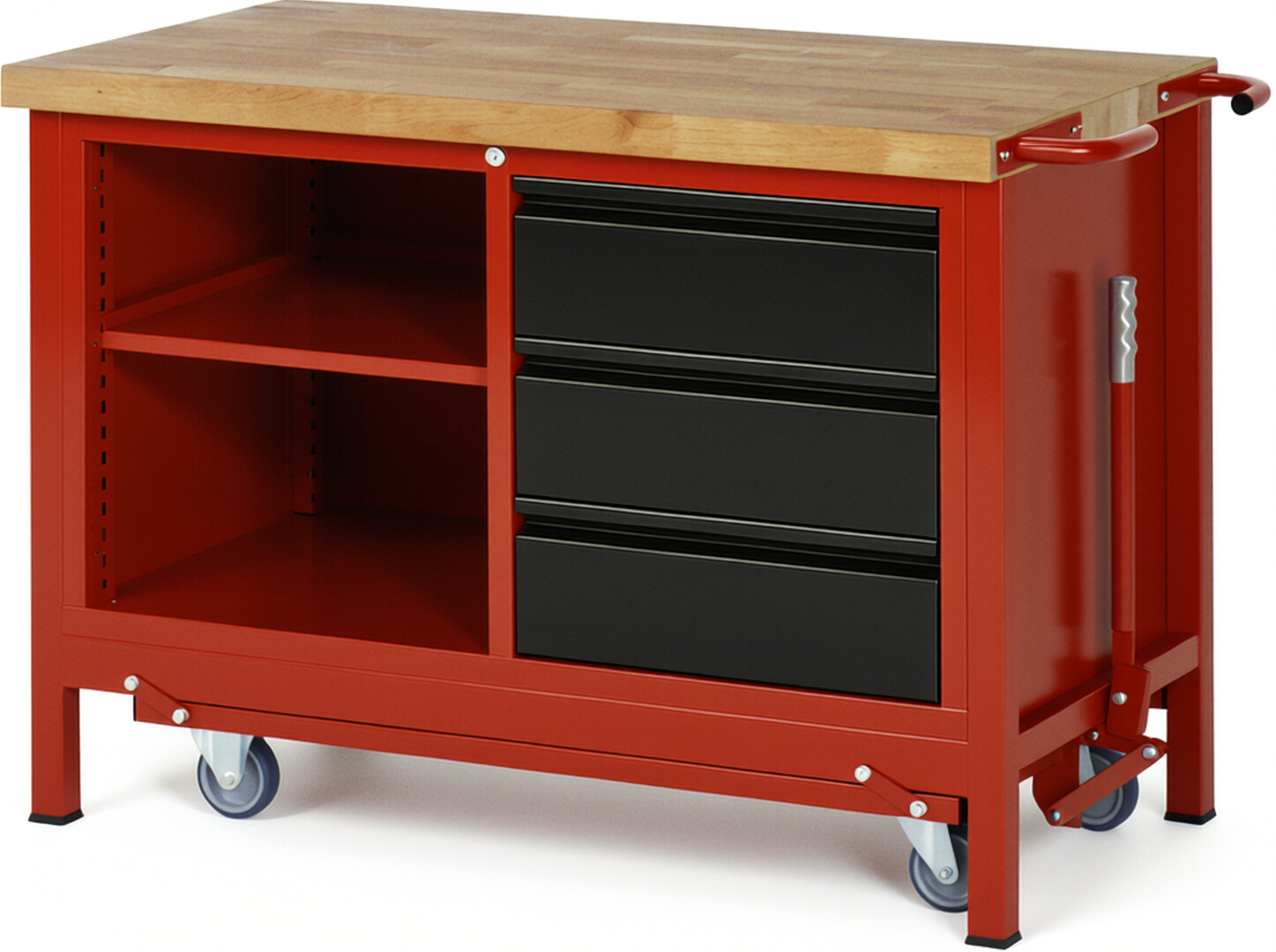 Absenkbare Werkbank - Modell 8462 BASIC rot - schwarz, BxTxH 1250x700x880 mm,  Buche-Massiv Arbeitsplatte 40 mm,  3 Schubladen mit  Auszug 90 %