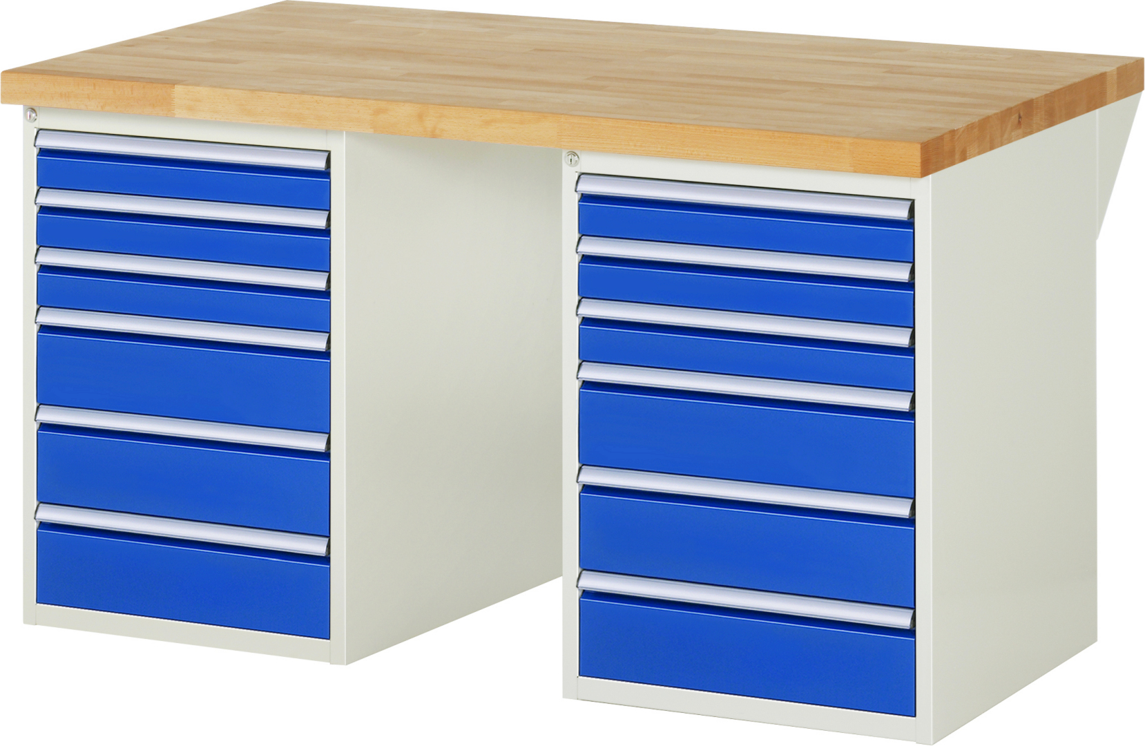 Werkbank Modell 7515,  BxTxH 1500x900x890 mm,  Buche-Massiv Arbeitsplatte 40 mm,  12 Schubladen mit  Auszug 90 %