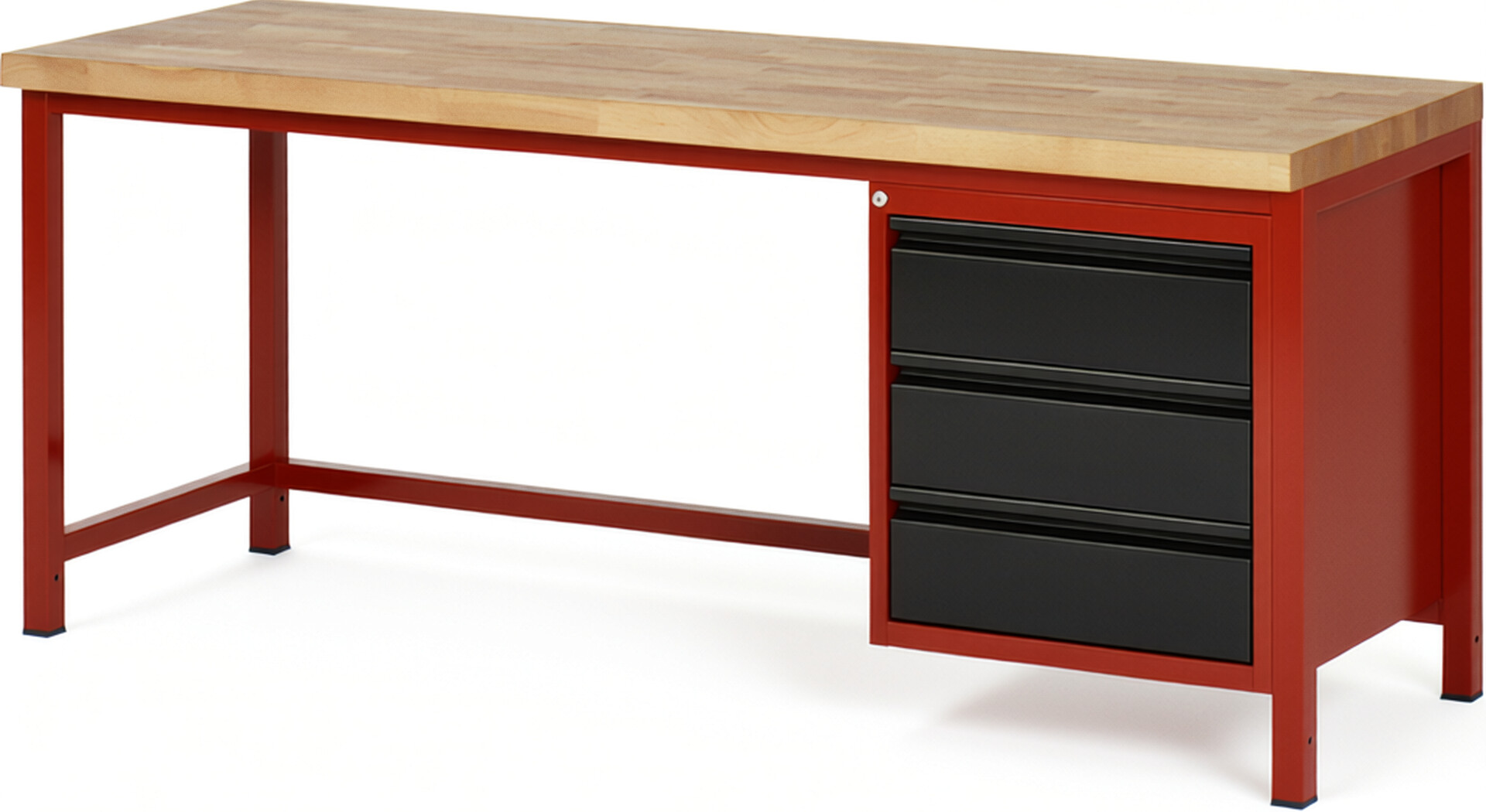 Werkbank rot - schwarz, BxTxH 2000x700x840-1040 mm, Platte Buche 40 mm, 6 Schubladen: 3x90 mm, 3x150 mm, RAL 3000/9011