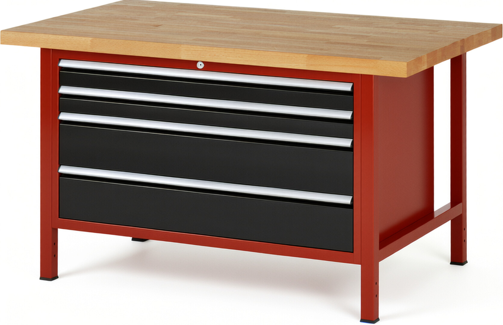 RAU Werkbank rot - schwarz - Breite 150 cm - Tiefe 90 cm - Höhe 84 cm - Buche-Massiv Arbeitsplatte 40 mm