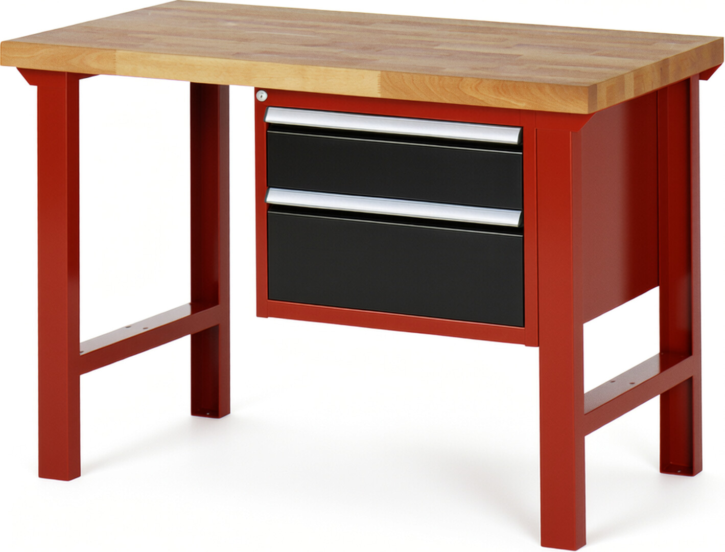 Werkbank Modell 7123 rot - schwarz, BxTxH 1250x700x840 mm,  Buche-Massiv Arbeitsplatte 40 mm,  2 Schubladen mit  Vollauszug 100 % und  SoftClosing