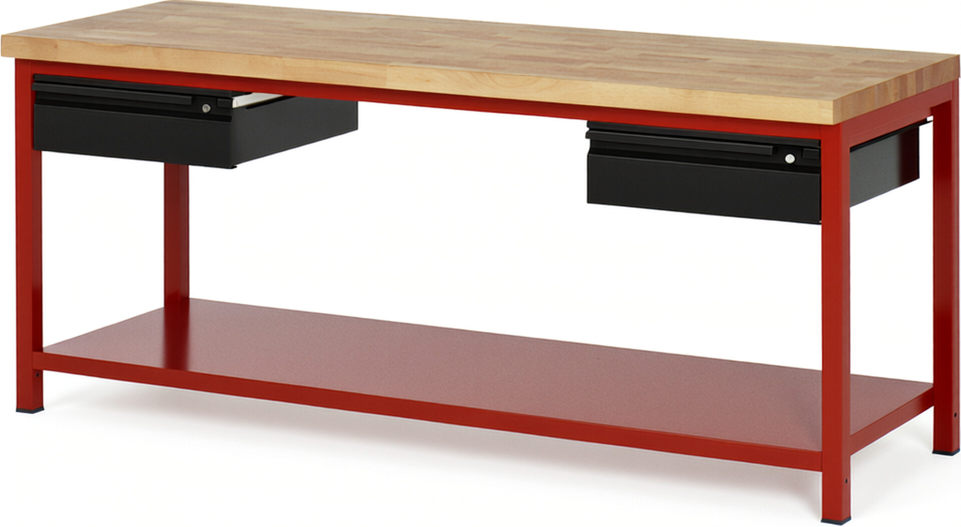 Werkbank - Modell 8002 BASIC rot - schwarz, BxTxH 2000x700x840 mm,  Buche-Massiv Arbeitsplatte 40 mm,  2 Schubladen mit  Auszug 90 %