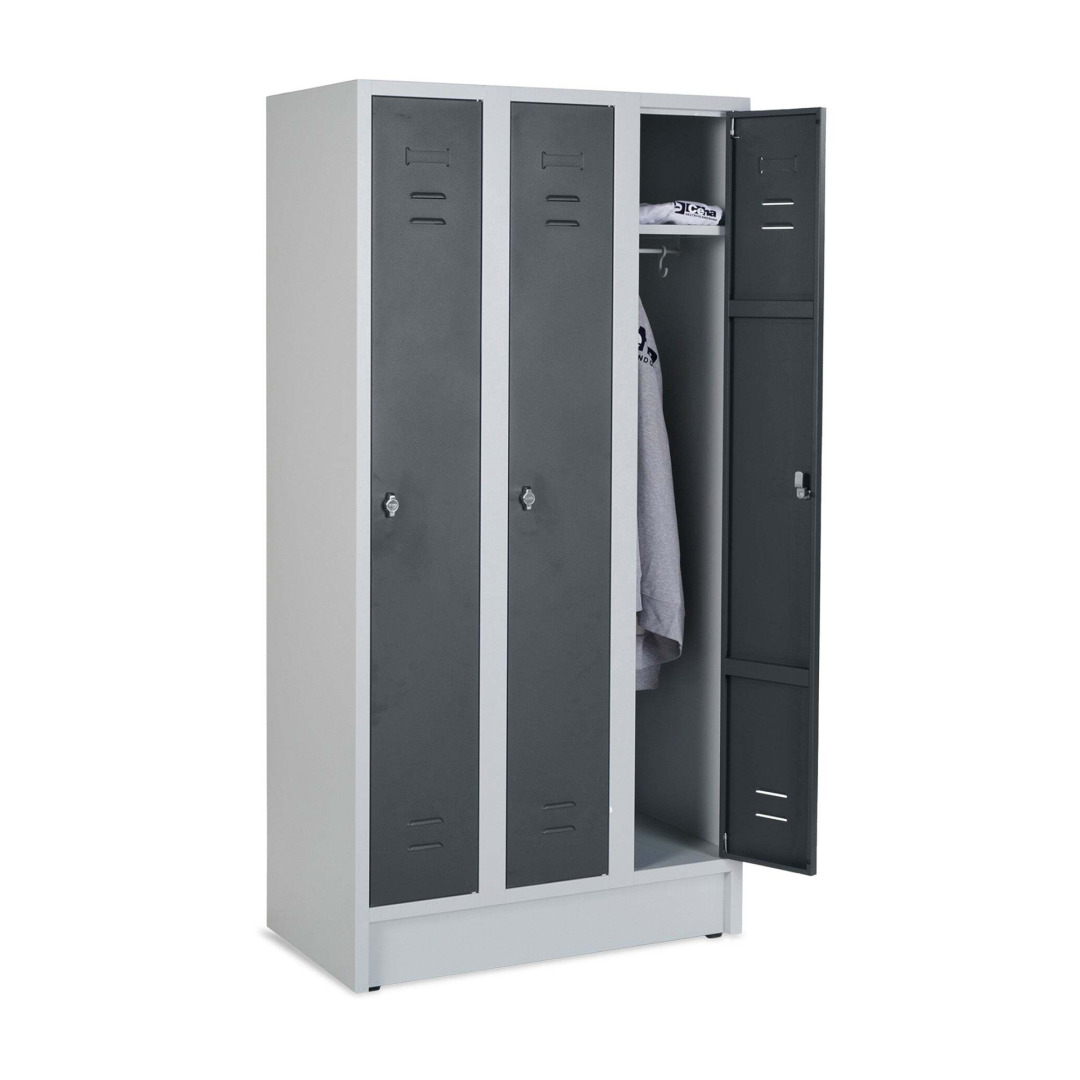 Kleiderspind, 3 Abteile, Abteilbreite 300 mm, Höhe 180 cm, Breite 90 cm, RAL 7035 Lichtgrau / RAL 7016 Anthrazitgrau