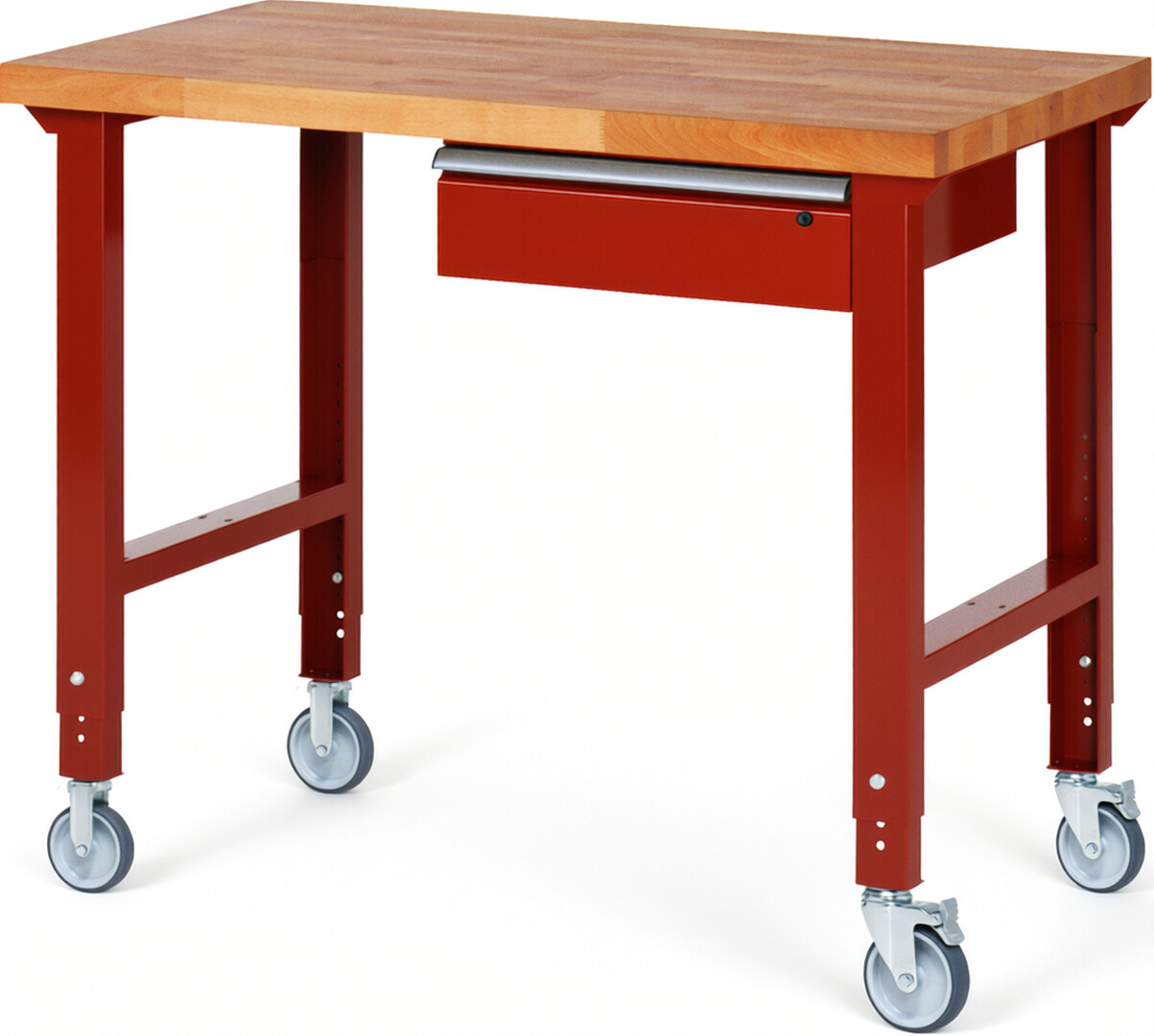 Fahrbare Werkbank Modell 7001 rot, BxTxH 1250x700x950-1000 mm,  Buche-Massiv Arbeitsplatte 40 mm,  1 Schublade mit  Auszug 90 %