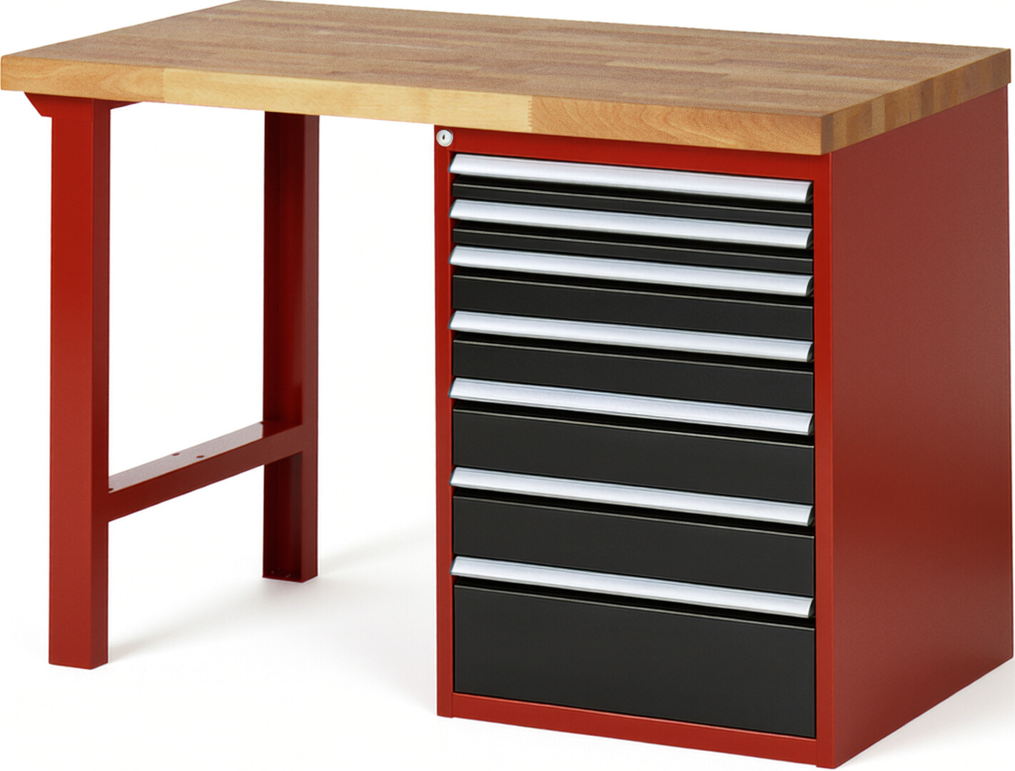 Werkbank Modell 7517 rot - schwarz, BxTxH 1250x700x890 mm,  Buche-Massiv Arbeitsplatte 40 mm,  7 Schubladen mit  Vollauszug 100 % und  SoftClosing