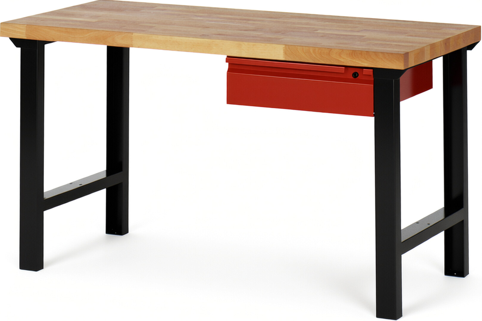 Werkbank schwarz - rot, Breite 150 cm, Tiefe 70 cm, Höhe 84 cm, 1 Schublade(n), Platte: Buche-Massiv-Arbeitsplatte