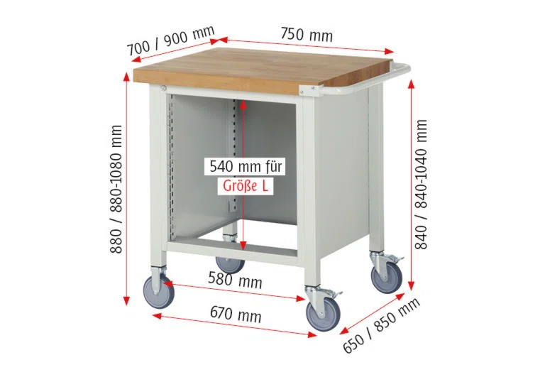Fahrbare Werkbank Modell 8152 schwarz-rot, BxTxH 750x900x880 mm,  Buche-Massiv Arbeitsplatte 40 mm,  1 Schublade mit  Vollauszug 100 % und  SoftClosing