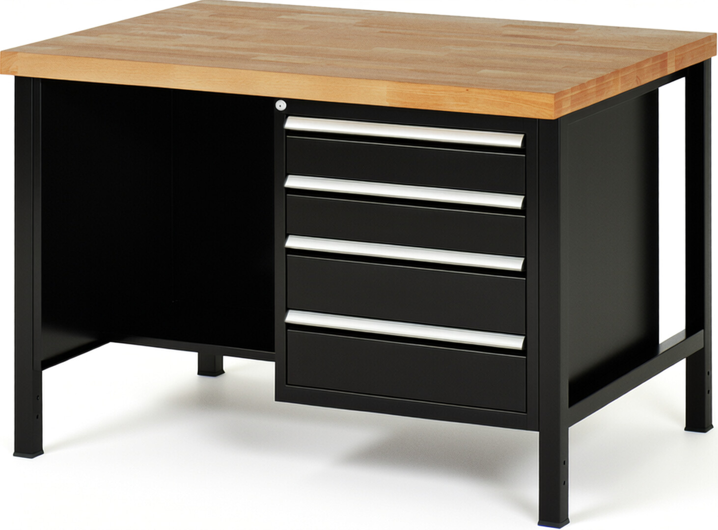 RAU Werkbank schwarz - Breite 125 cm - Tiefe 90 cm - Höhe 84 cm - Buche-Massiv Arbeitsplatte 40 mm