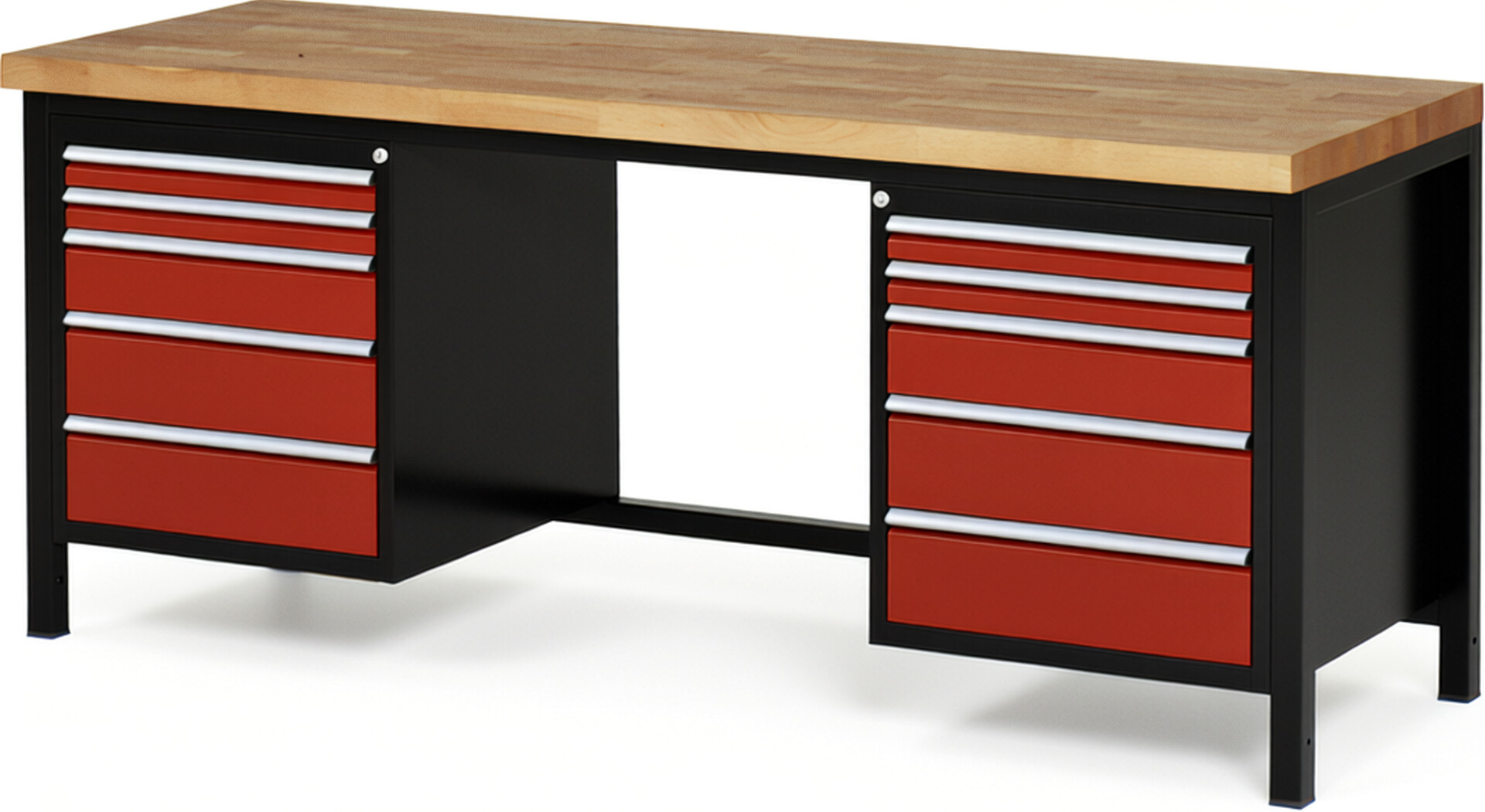 RAU Werkbank schwarz - rot - Breite 200 cm - Tiefe 70 cm - Höhe 104 cm - Buche-Massiv Arbeitsplatte 40 mm