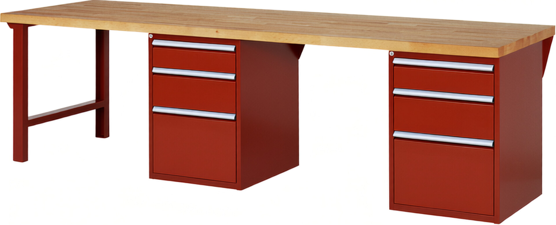 Werkbank Modell 7508 rot, BxTxH 3000x900x890 mm,  Buche-Massiv Arbeitsplatte 40 mm,  6 Schubladen mit  Vollauszug 100 % und  SoftClosing