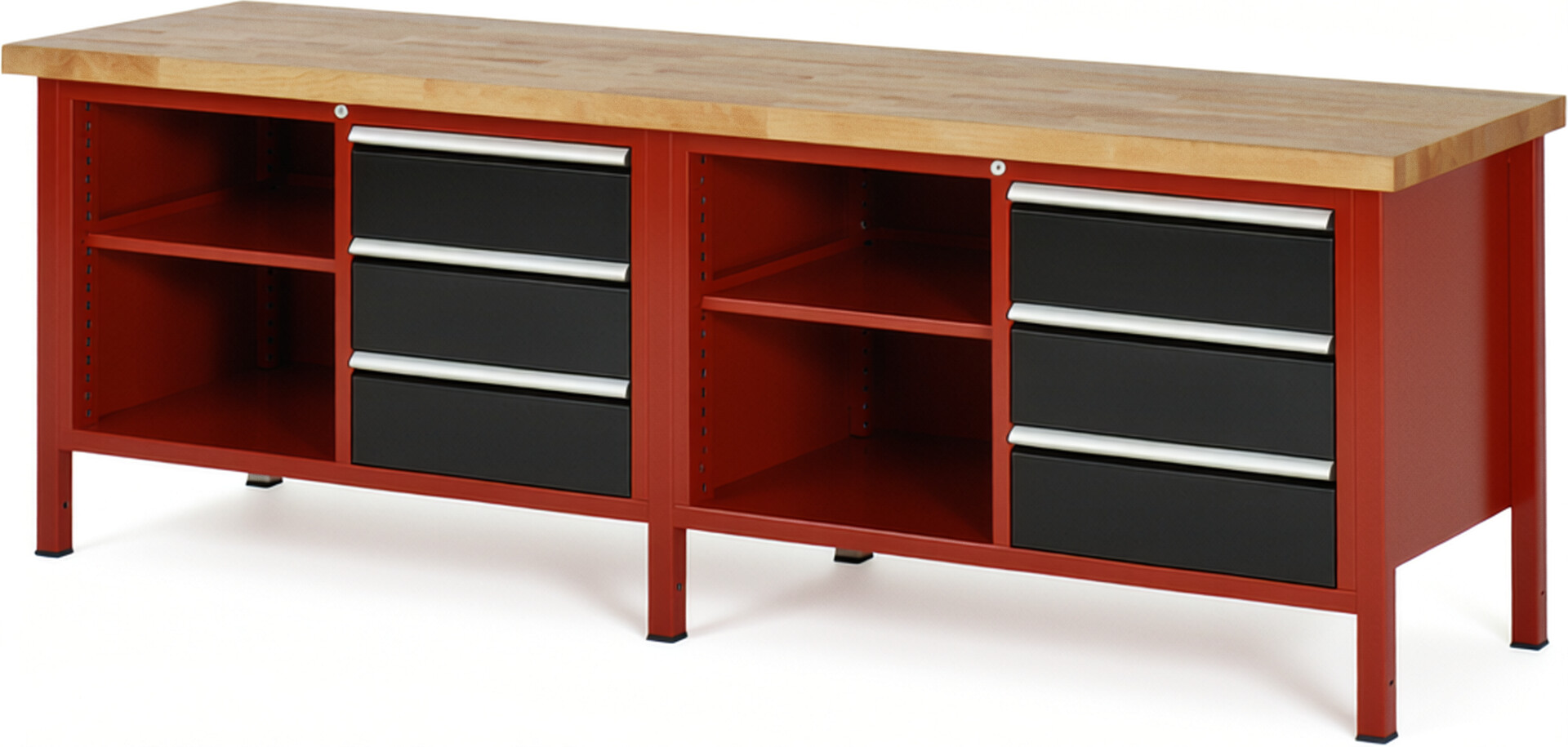 RAU Werkbank rot - schwarz - Breite 250 cm - Tiefe 70 cm - Höhe 104 cm - Buche-Massiv Arbeitsplatte 40 mm