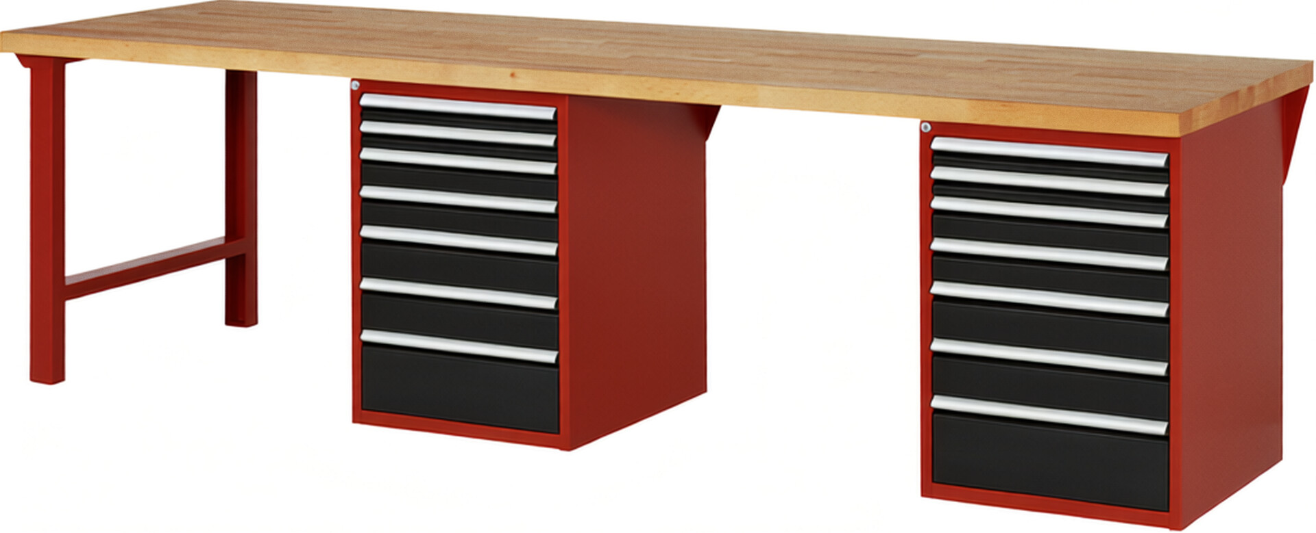 Werkbank Modell 7517 rot - schwarz, BxTxH 3000x900x840 mm,  Buche-Massiv Arbeitsplatte 40 mm,  14 Schubladen mit  Auszug 90 %