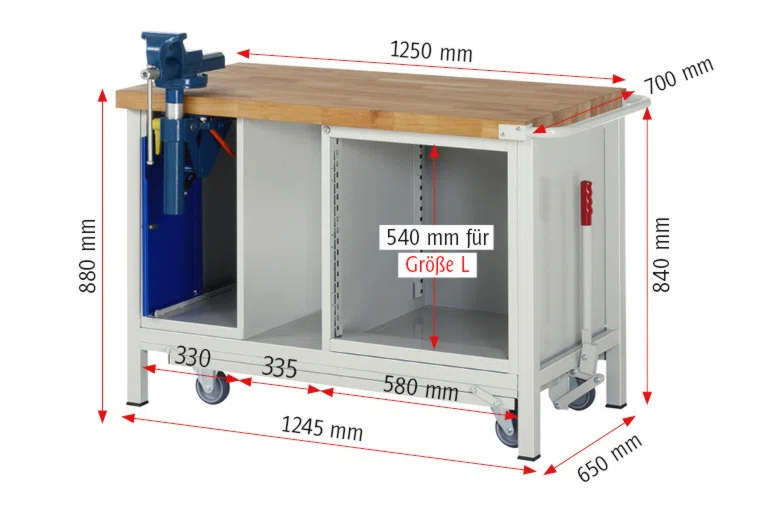 Absenkbare Werkbank Modell 8181 rot - schwarz, BxTxH 1250x700x880 mm,  Buche-Massiv Arbeitsplatte 40 mm,  1 Schublade mit  Vollauszug 100 % und  SoftClosing
