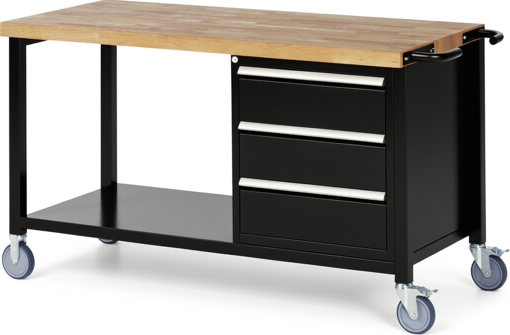 Fahrbare Werkbank Modell 8157 schwarz, BxTxH 1500x700x880 mm,  Buche-Massiv Arbeitsplatte 40 mm,  3 Schubladen mit  Vollauszug 100 % und  SoftClosing