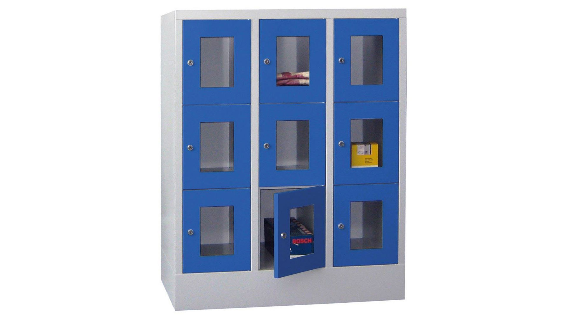 Fächerschränke mit Sichtfenstertüren, Breite 90 cm, Höhe 118,7 cm, Tiefe 50 cm, 3x3 Fächer