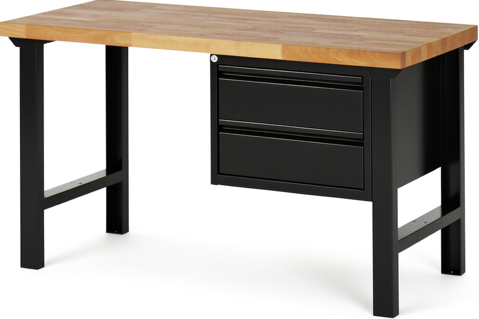 Werkbank schwarz, BxTxH 1500x700x840 mm, Platte Buche 40 mm, 2 Schubladen 180 mm, RAL 9011/9011