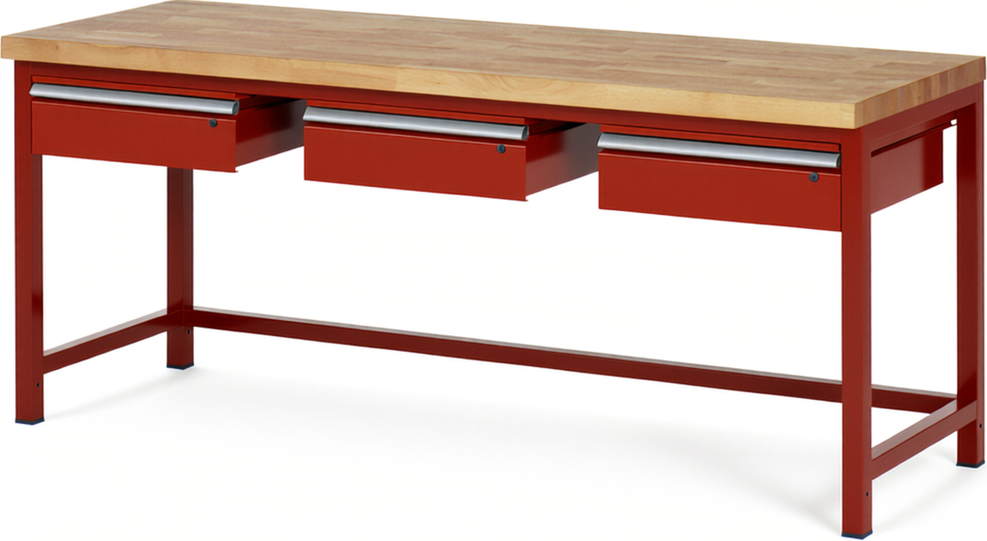 Werkbank Modell 8003 rot, BxTxH 2000x700x840 mm,  Buche-Massiv Arbeitsplatte 40 mm,  3 Schubladen mit  Auszug 90 %