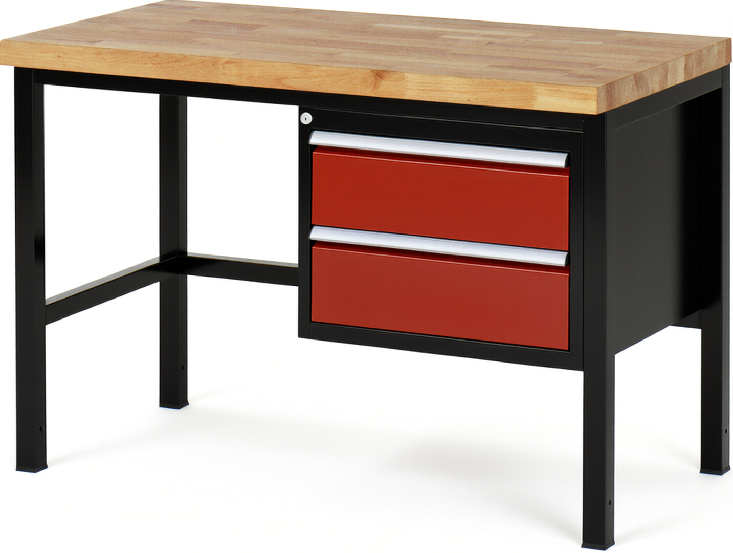 Werkbank Modell 8125 schwarz-rot, BxTxH 1250x700x840-1040 mm,  Buche-Massiv Arbeitsplatte 40 mm,  2 Schubladen mit  Vollauszug 100 % und  SoftClosing