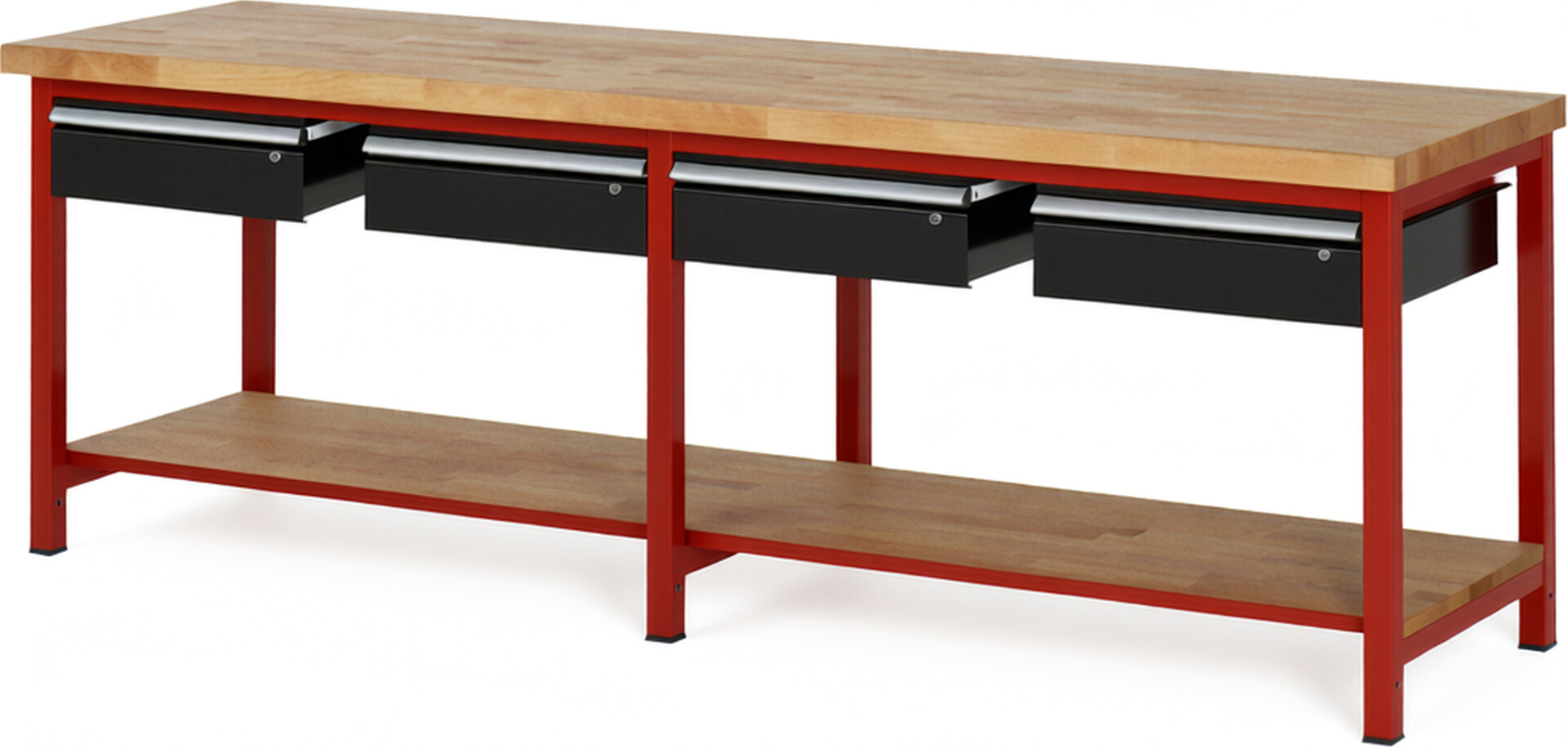 Werkbank Modell 8002 rot - schwarz, BxTxH 2500x700x840-1040 mm,  Buche-Massiv Arbeitsplatte 40 mm,  4 Schubladen mit  Auszug 90 %