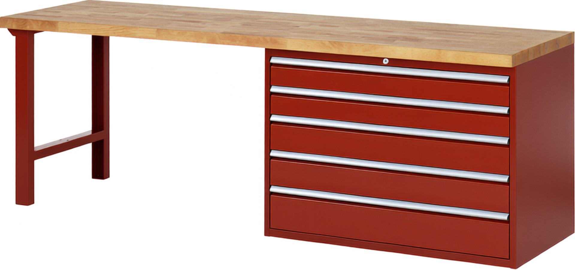 RAU Werkbank rot - Breite 250 cm - Tiefe 70 cm - Höhe 89 cm - Buche-Massiv Arbeitsplatte 40 mm