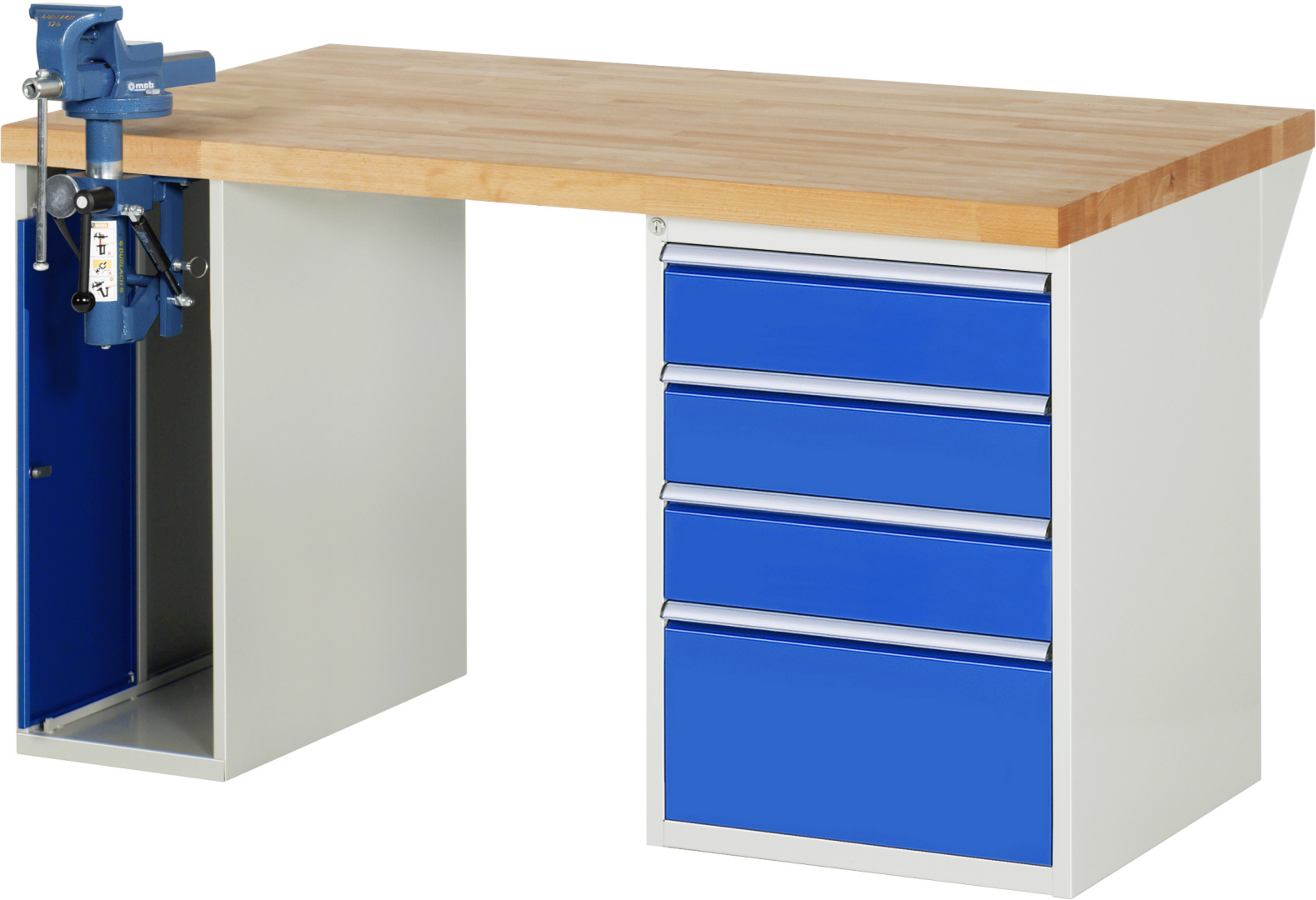 Werkbank Modell 7510,  BxTxH 1500x900x840 mm,  Buche-Massiv Arbeitsplatte 40 mm,  4 Schubladen mit  Vollauszug 100 % und  SoftClosing