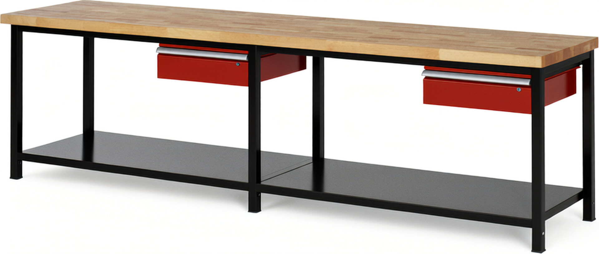 RAU Werkbank schwarz - rot - Breite 300 cm - Tiefe 70 cm - Höhe 104 cm - Buche-Massiv Arbeitsplatte 40 mm