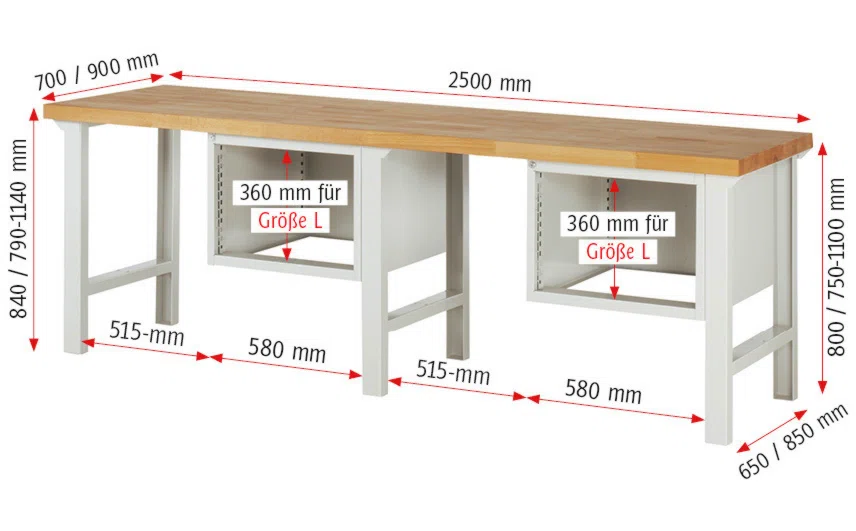 Werkbank Modell 7127 schwarz, BxTxH 2500x700x840 mm,  Buche-Massiv Arbeitsplatte 40 mm,  6 Schubladen mit  Vollauszug 100 % und  SoftClosing