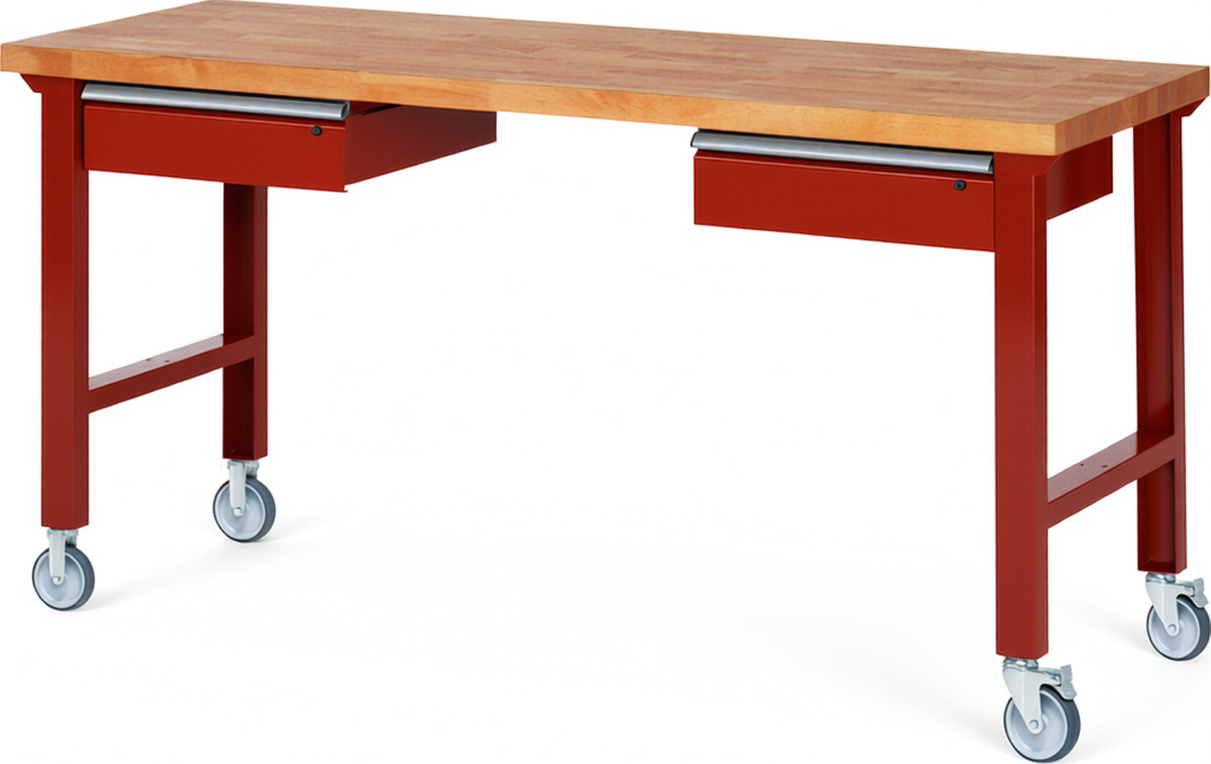 Fahrbare Werkbank Modell 7002 rot, BxTxH 2000x700x1000 mm,  Buche-Massiv Arbeitsplatte 40 mm,  2 Schubladen mit  Auszug 90 %