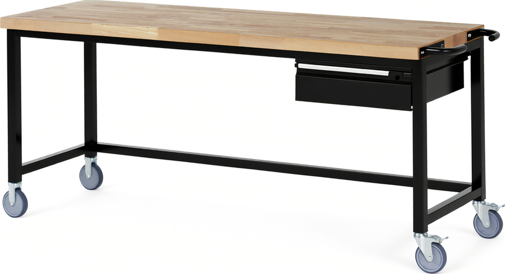 Fahrbare Werkbank - Modell 8001 BASIC schwarz, BxTxH 2000x700x880 mm,  Buche-Massiv Arbeitsplatte 40 mm,  1 Schublade mit  Auszug 90 %