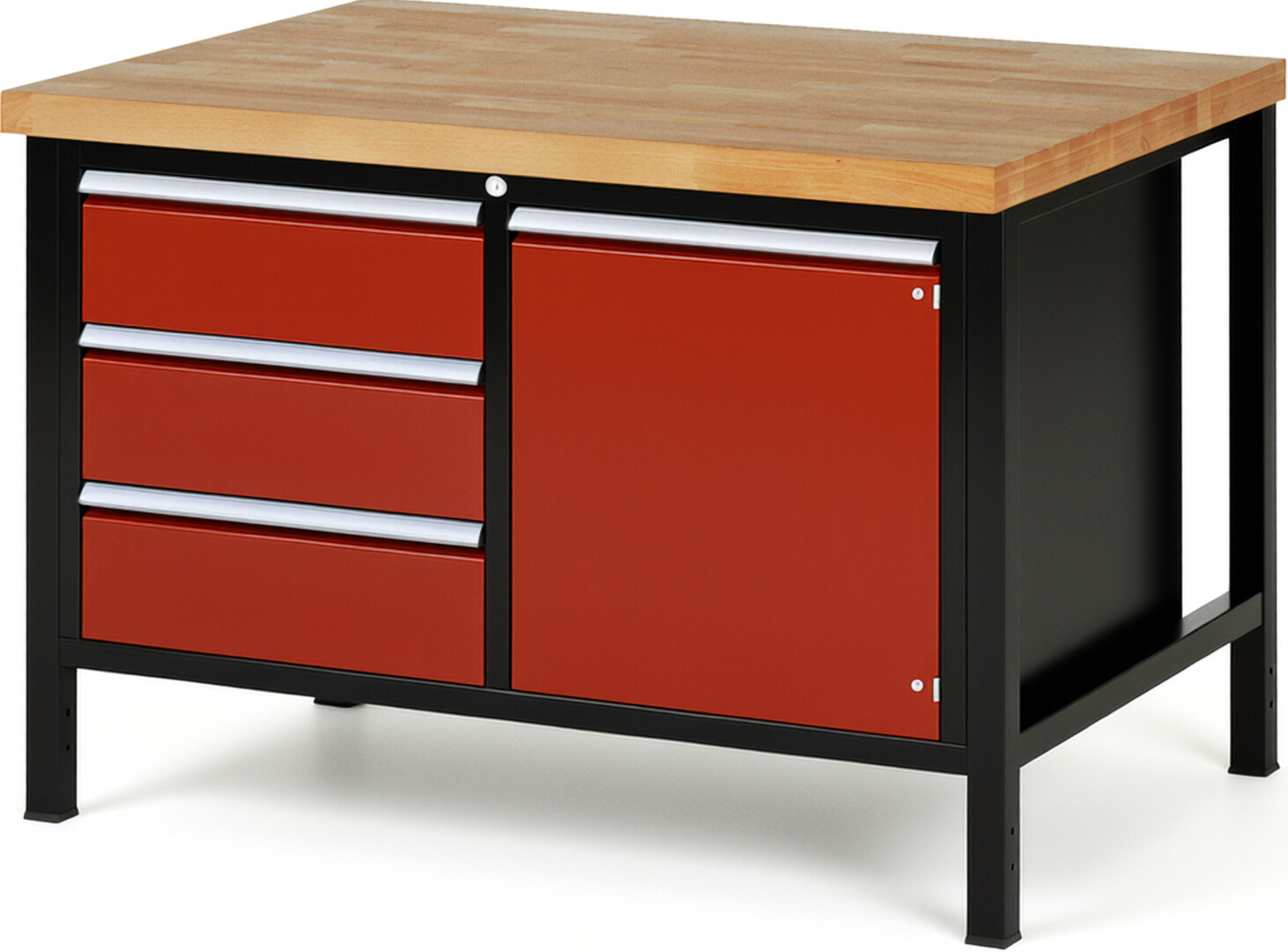 RAU Werkbank schwarz - rot - Breite 125 cm - Tiefe 90 cm - Höhe 104 cm - Buche-Massiv Arbeitsplatte 40 mm