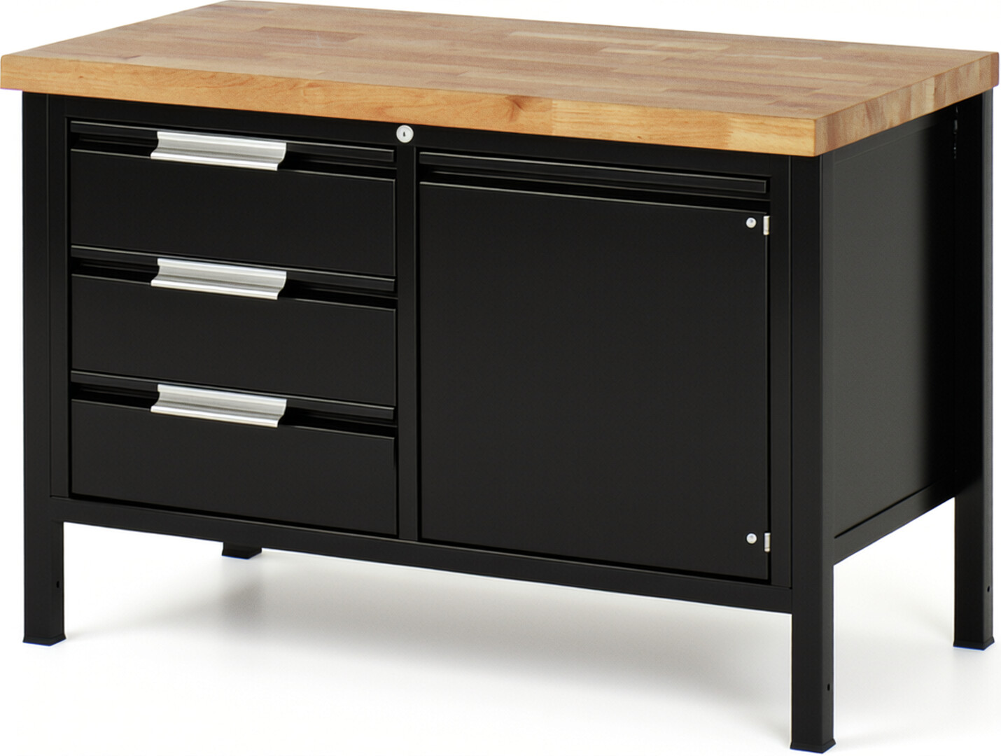 Werkbank schwarz, BxTxH 1250x700x840-1040 mm, Platte Buche 40 mm, 3 Schubladen 180 mm, 1 Tür 540 mm, 1 Fachboden, RAL 9011/9011