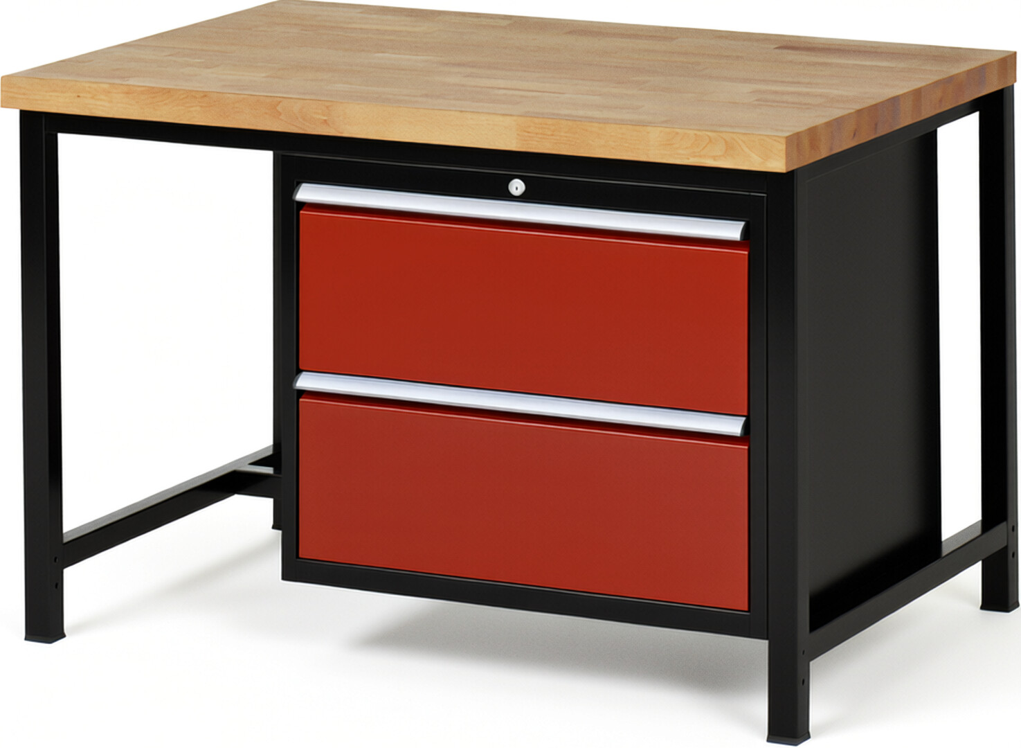 RAU Werkbank schwarz - rot - Breite 125 cm - Tiefe 90 cm - Höhe 104 cm - Buche-Massiv Arbeitsplatte 40 mm