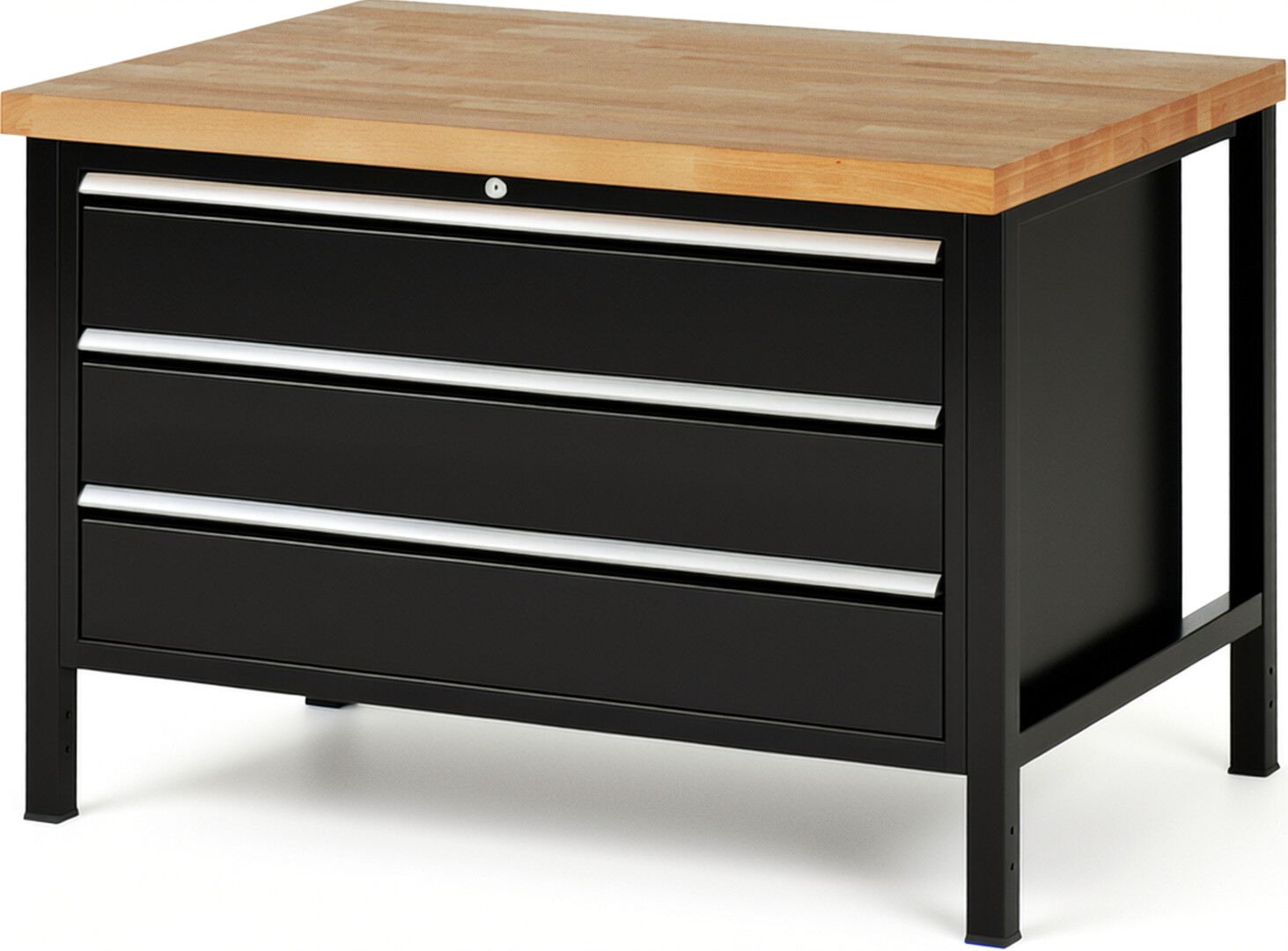 Werkbank Modell 8357 schwarz, BxTxH 1250x900x840 mm,  Buche-Massiv Arbeitsplatte 40 mm,  3 Schubladen mit  Auszug 90 %