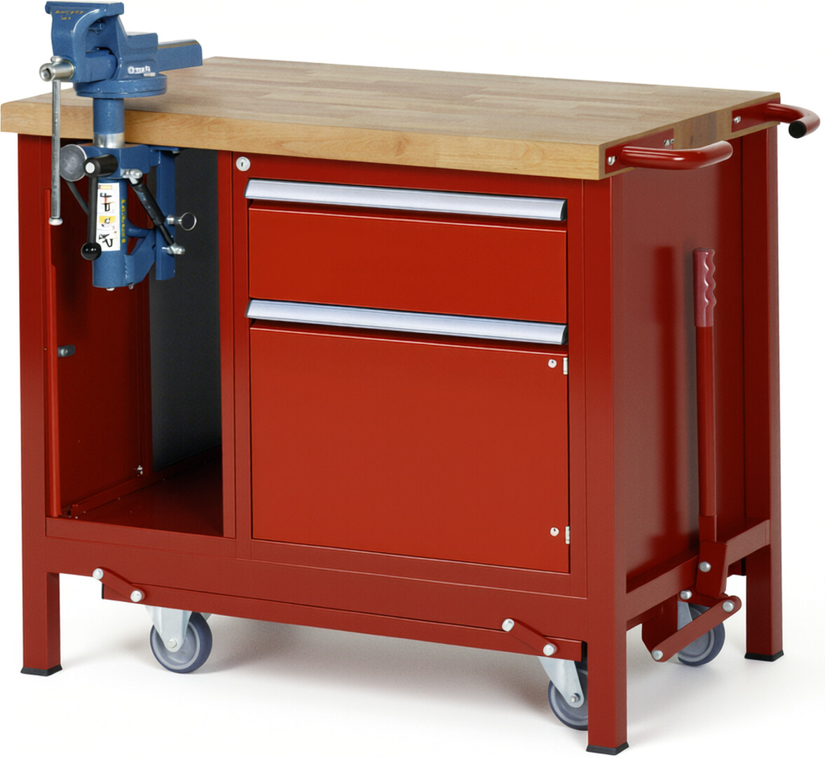 Absenkbare Werkbank Modell 8181 rot, BxTxH 1000x700x880 mm,  Buche-Massiv Arbeitsplatte 40 mm,  1 Schublade mit  Vollauszug 100 % und  SoftClosing