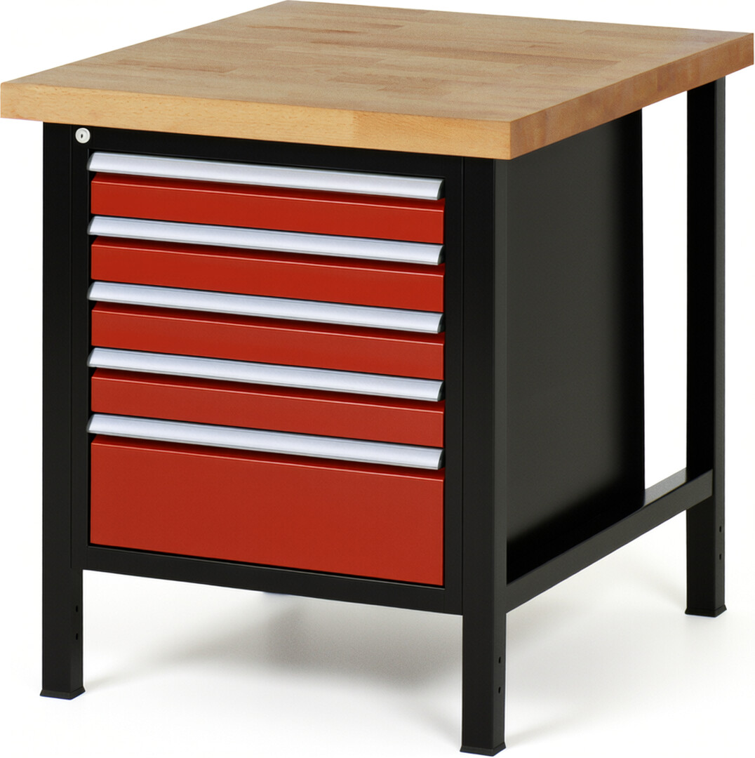 RAU Werkbank schwarz - rot - Breite 75 cm - Tiefe 90 cm - Höhe 84 cm - Buche-Massiv Arbeitsplatte 40 mm