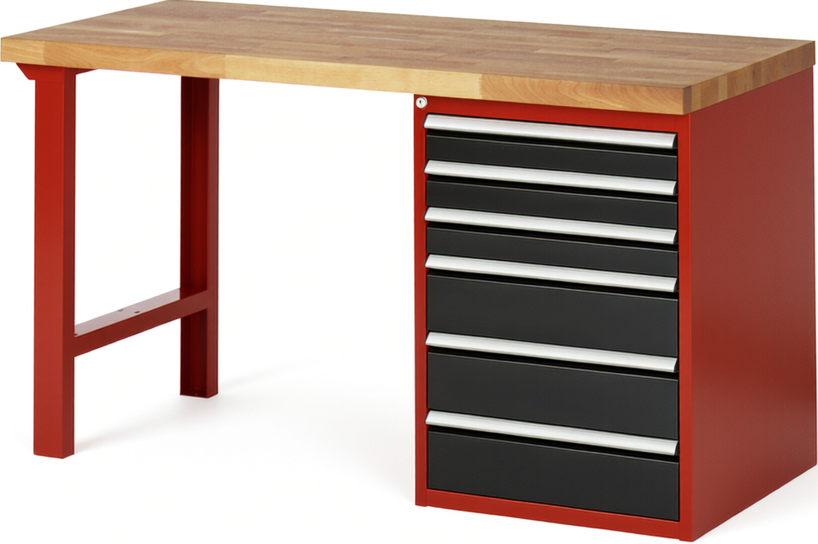Werkbank Modell 7515 rot - schwarz, BxTxH 1500x700x890 mm,  Buche-Massiv Arbeitsplatte 40 mm,  6 Schubladen mit  Vollauszug 100 % und  SoftClosing