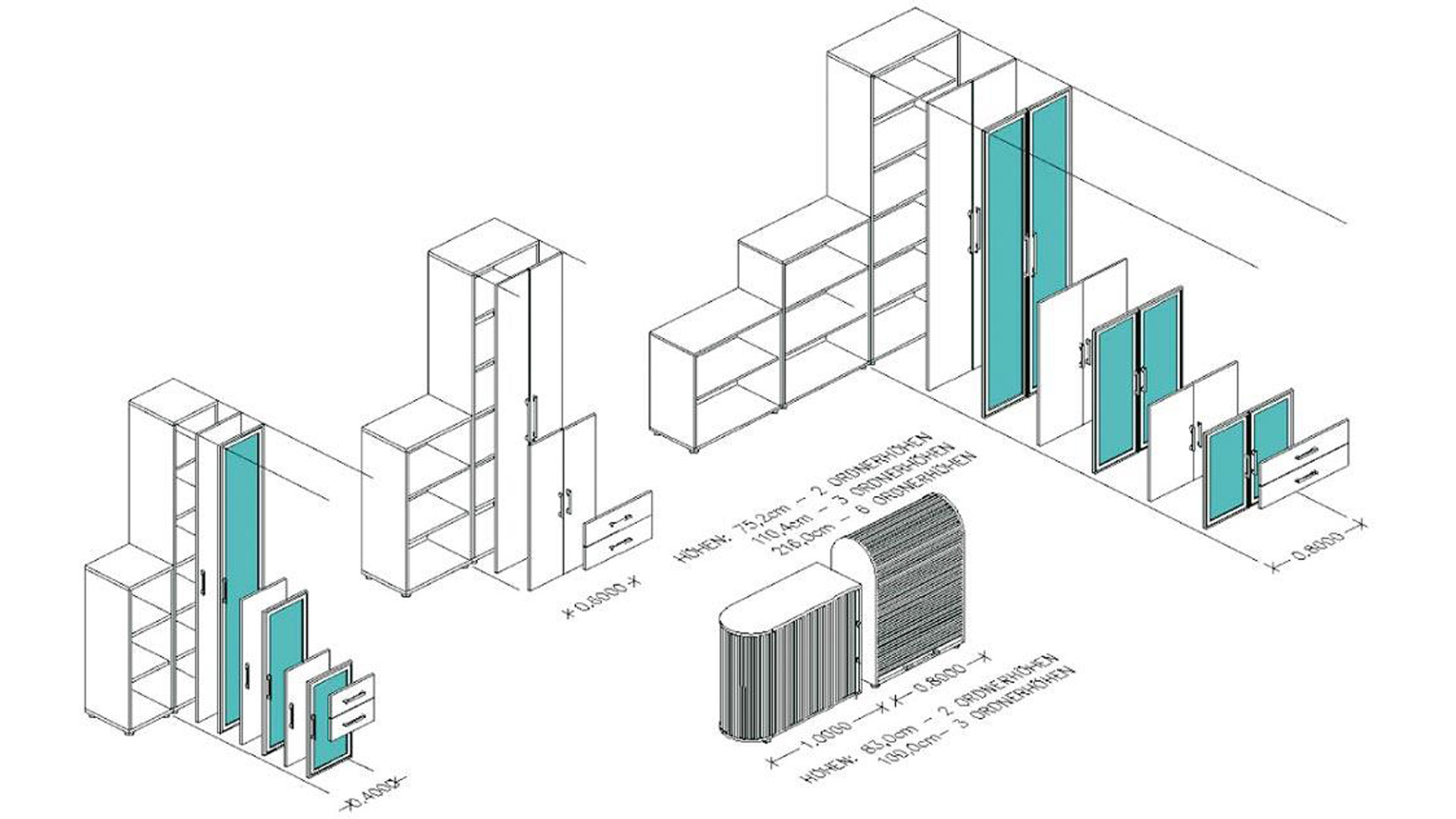 Rollladenschrank, Beistellschrank, BxTxH 800x425x720 mm, 2 OH, 1 Boden, Schloss, Korpus/Rolladen weiß/silber