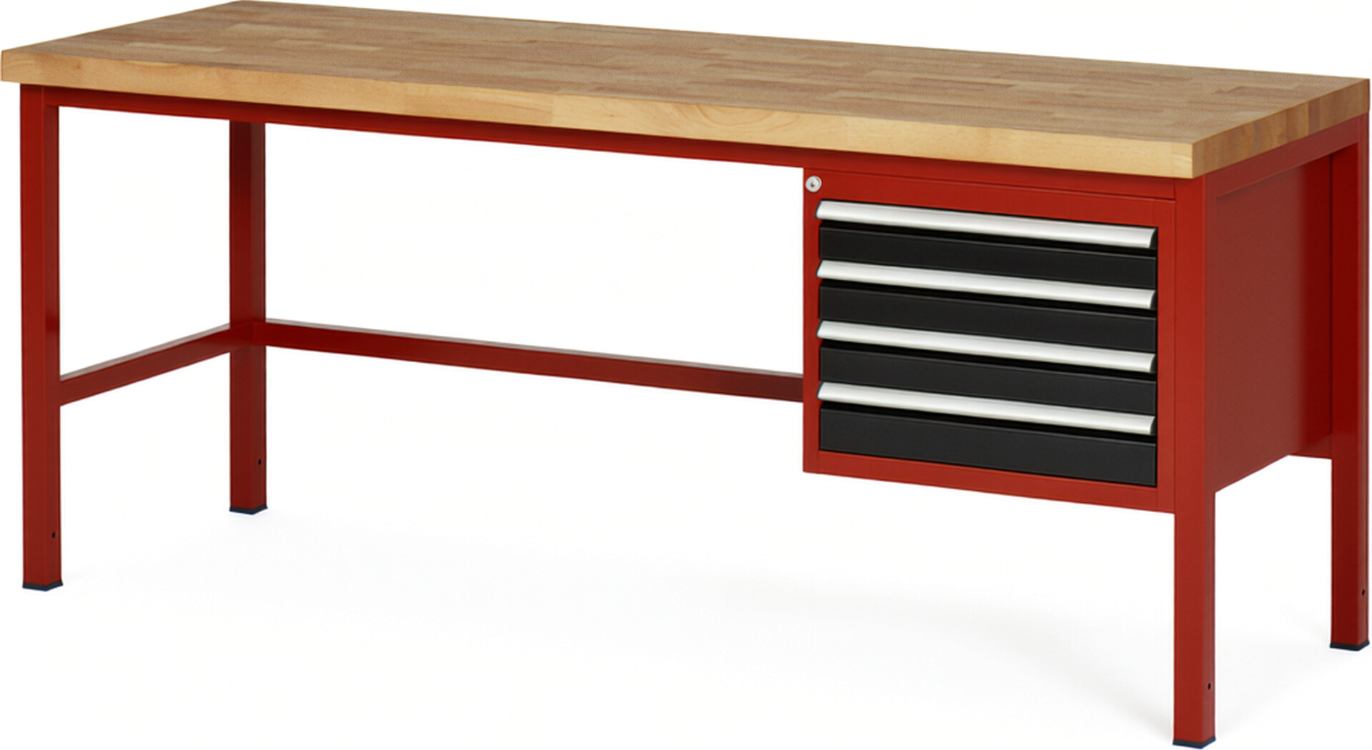 Werkbank Modell 8133 rot - schwarz, BxTxH 2000x700x840-1040 mm,  Buche-Massiv Arbeitsplatte 40 mm,  4 Schubladen mit  Vollauszug 100 % und  SoftClosing