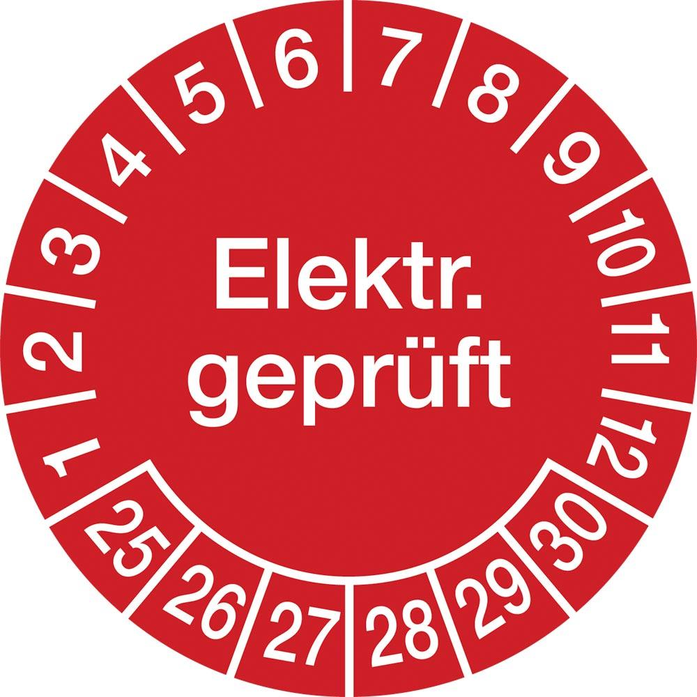 Hinweisschild, Elektr. geprüft 2025, PVC-Folie, rot, Durchm. 30 mm, VE 10 Stück, Mindestabnahme 10 VE