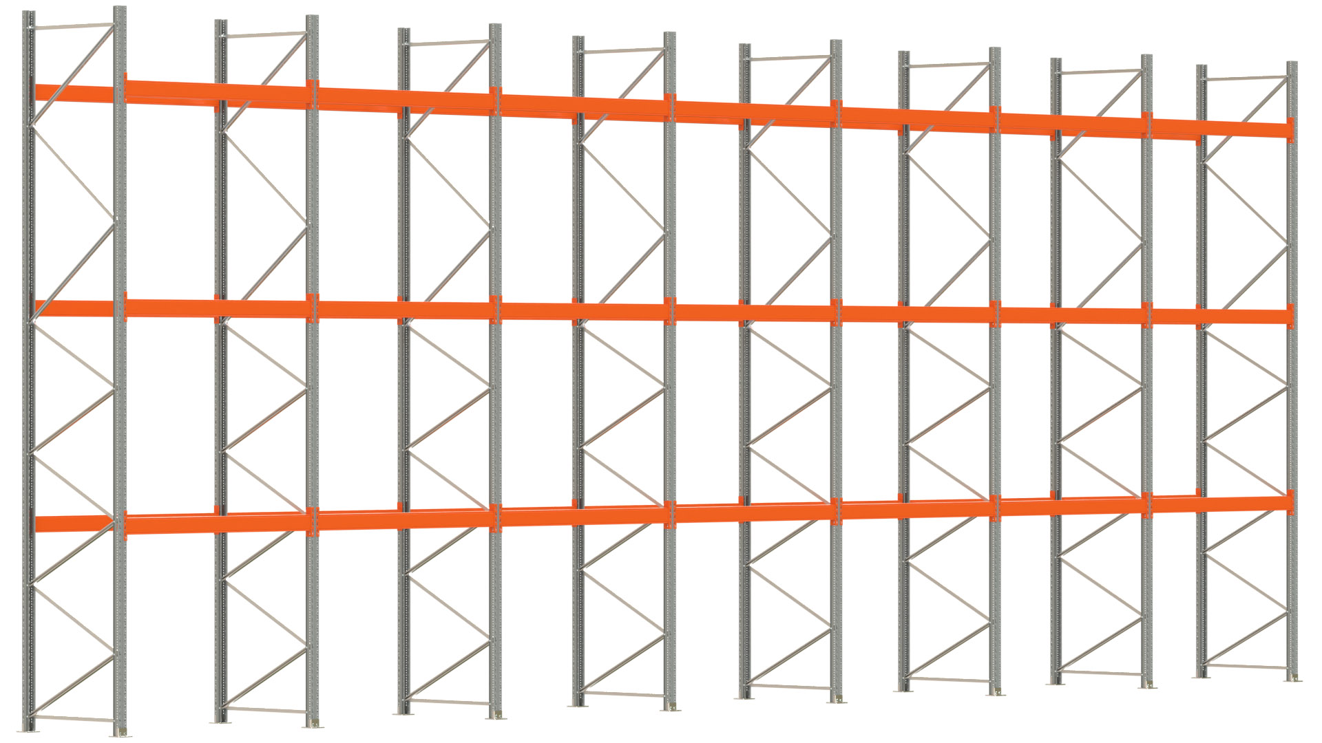 Palettenregal ARTUS - Breite 1398 cm - Höhe 550 cm - Tiefe 110 cm - 3 Träger-Ebenen - max. Fachlast 3000 kg - 56 Palettenstellplätze