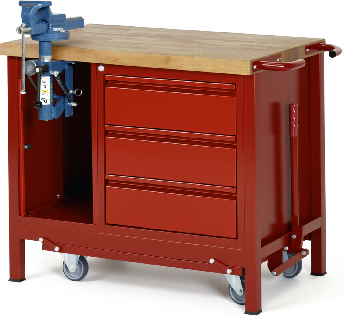Absenkbare Werkbank - Modell 8183 BASIC rot, BxTxH 1000x700x880 mm,  Buche-Massiv Arbeitsplatte 40 mm,  3 Schubladen mit  Auszug 90 %