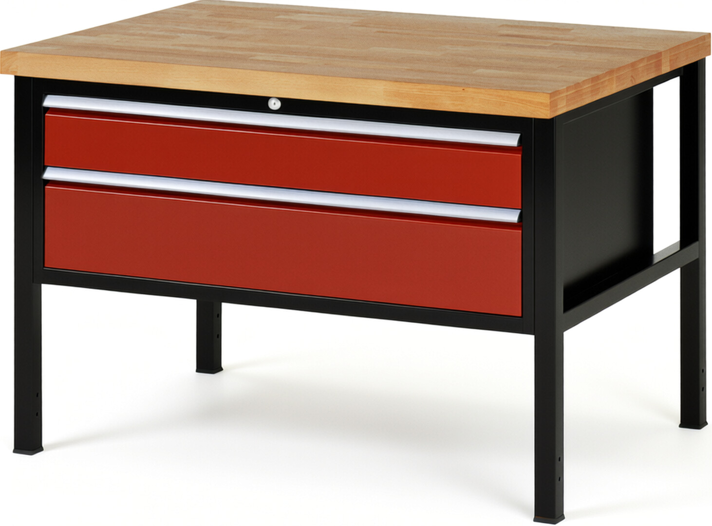 RAU Werkbank schwarz - rot - Breite 125 cm - Tiefe 90 cm - Höhe 104 cm - Buche-Massiv Arbeitsplatte 40 mm